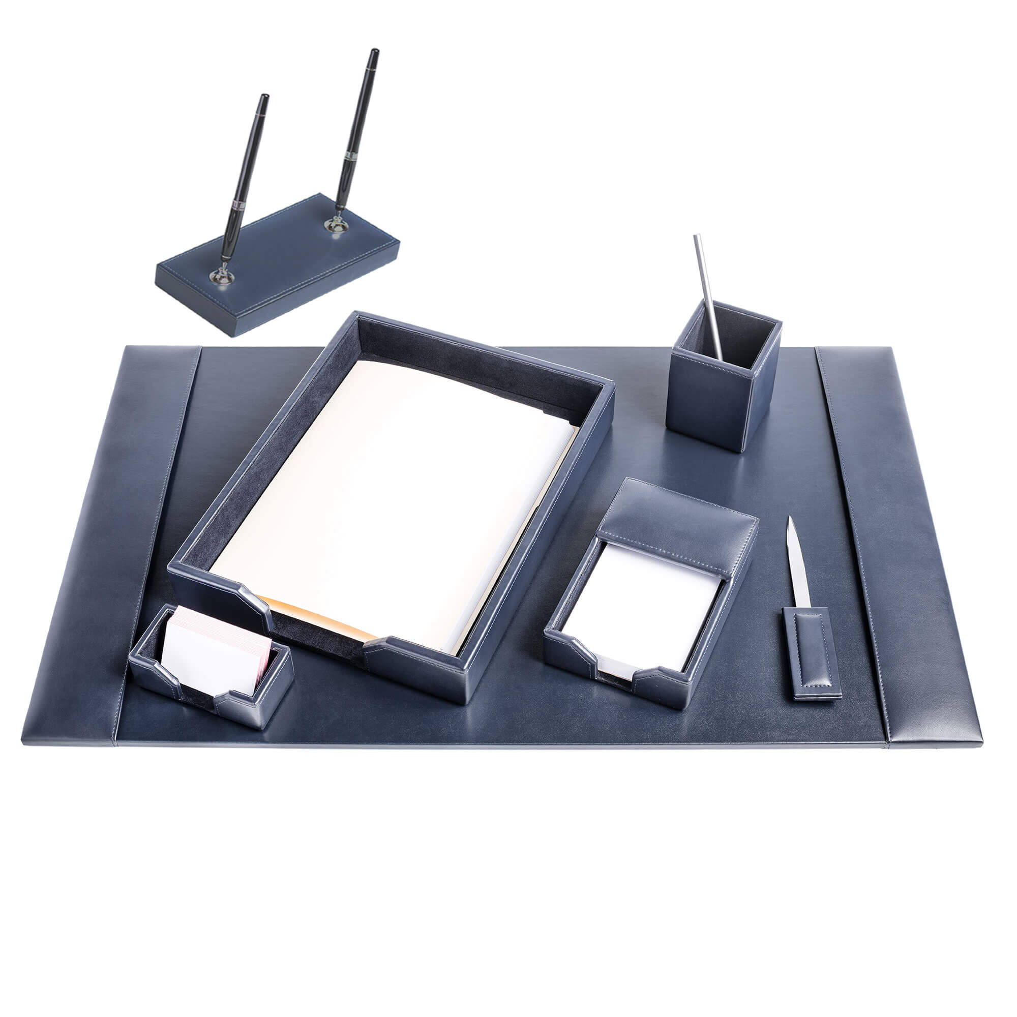 Navy Blue Bonded Leather Desk Set, 7pc