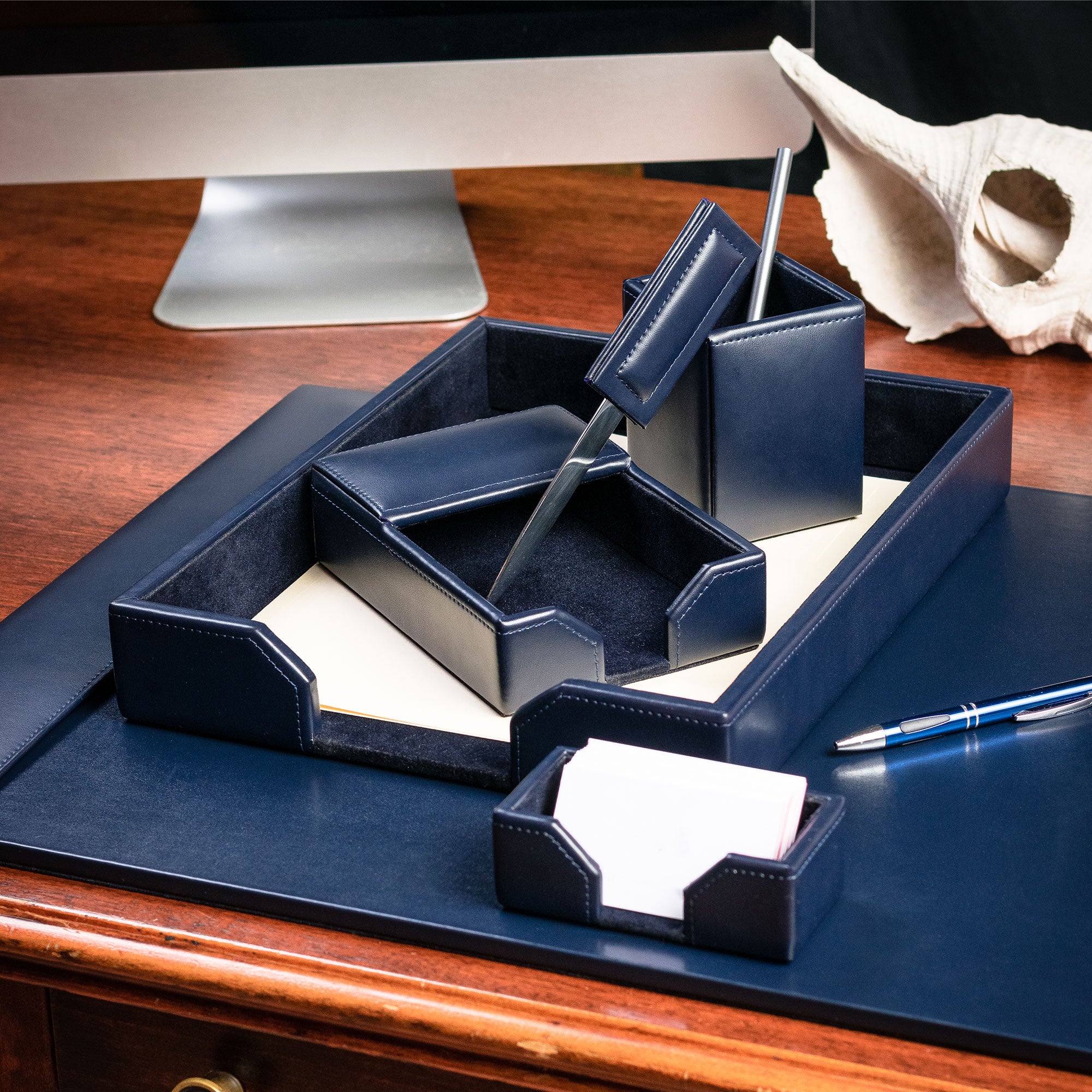 Navy Blue Bonded Leather Desk Set, 7pc