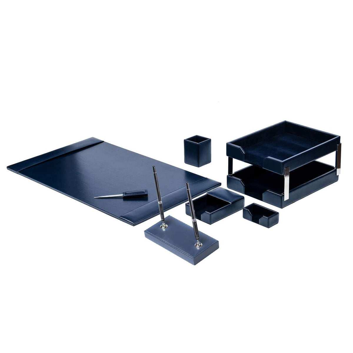 Navy Blue Bonded Leather Desk Set, 9pc