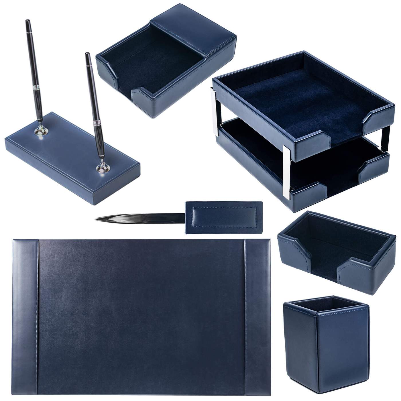 Navy Blue Bonded Leather Desk Set, 9pc
