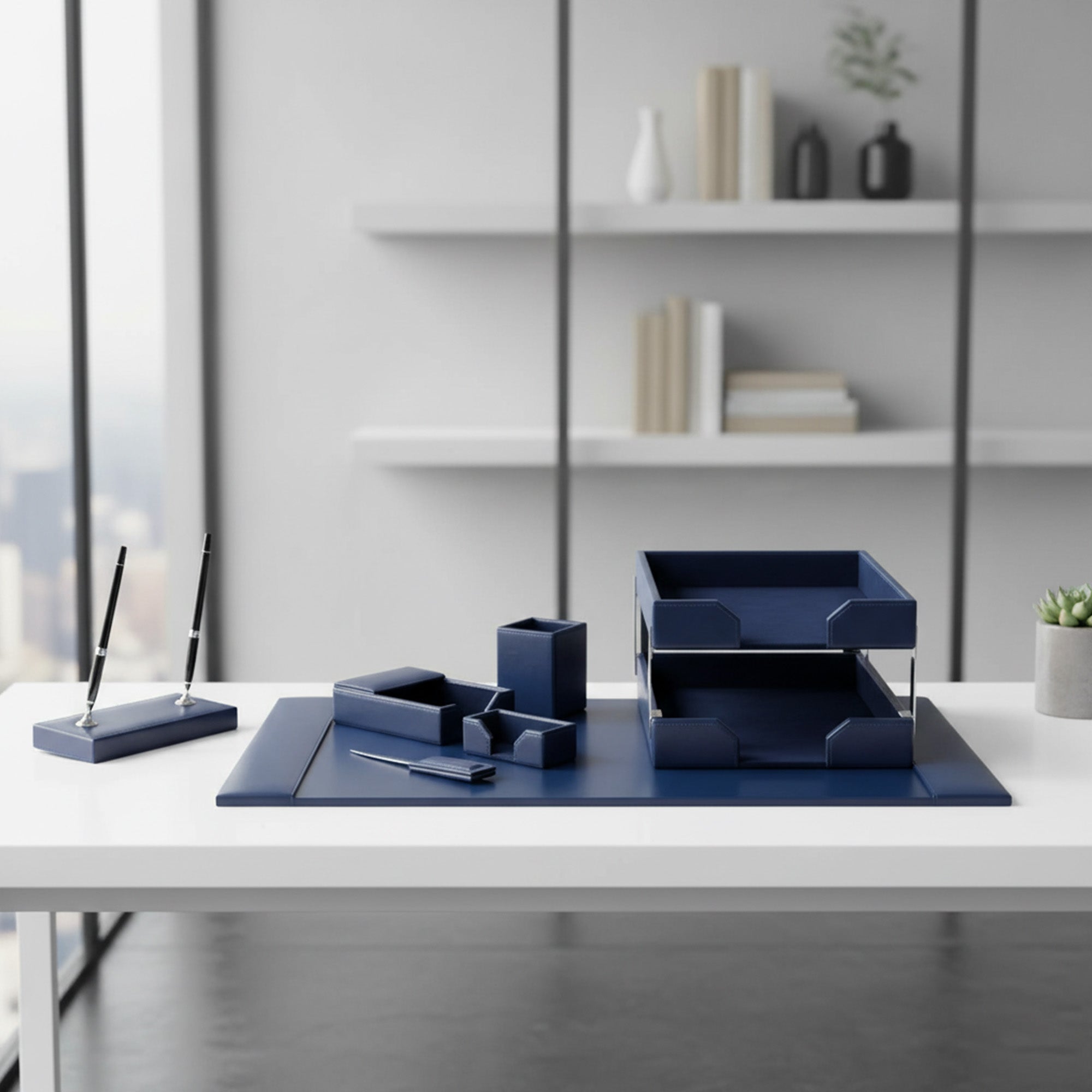 Navy Blue Bonded Leather Desk Set, 9pc
