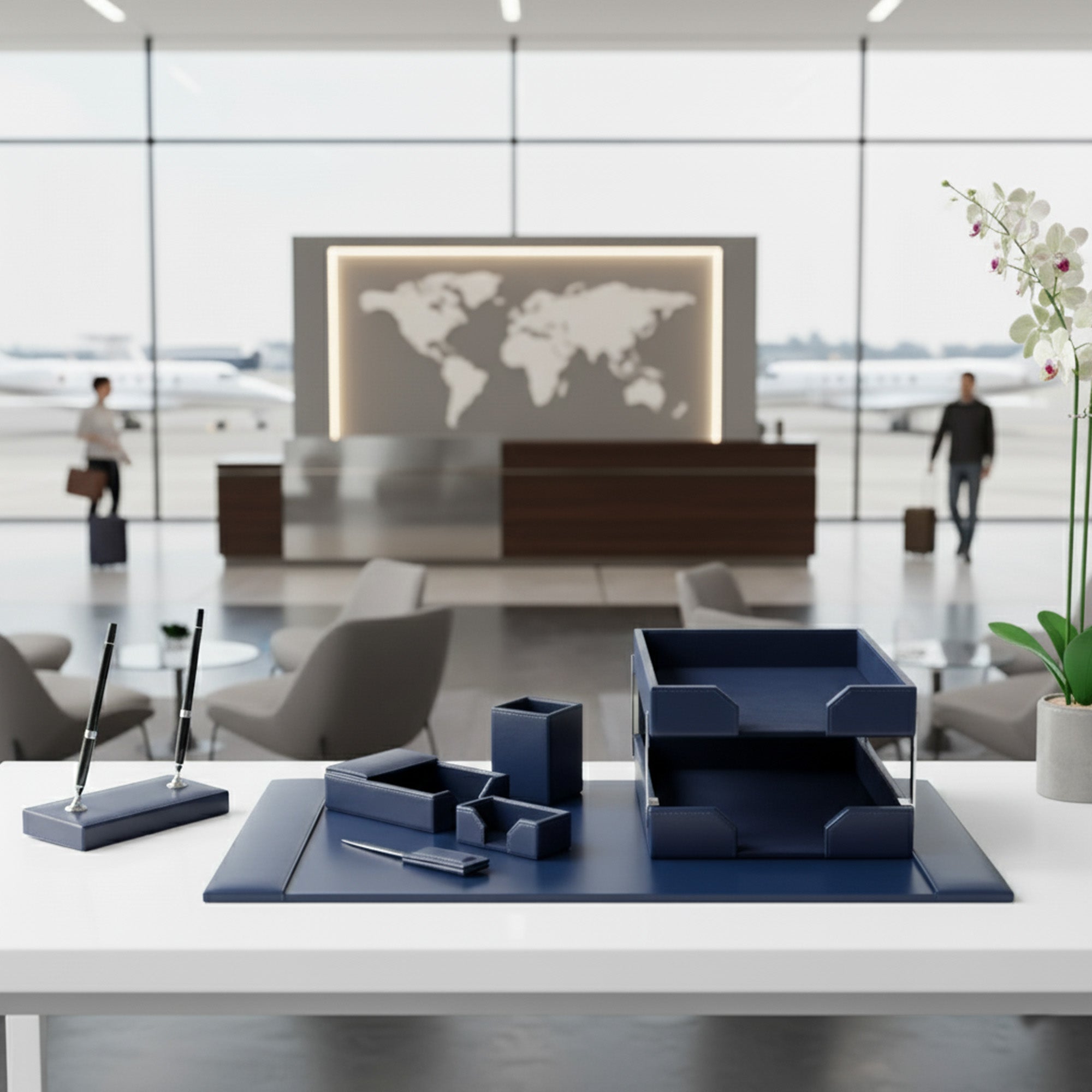 Navy Blue Bonded Leather Desk Set, 9pc