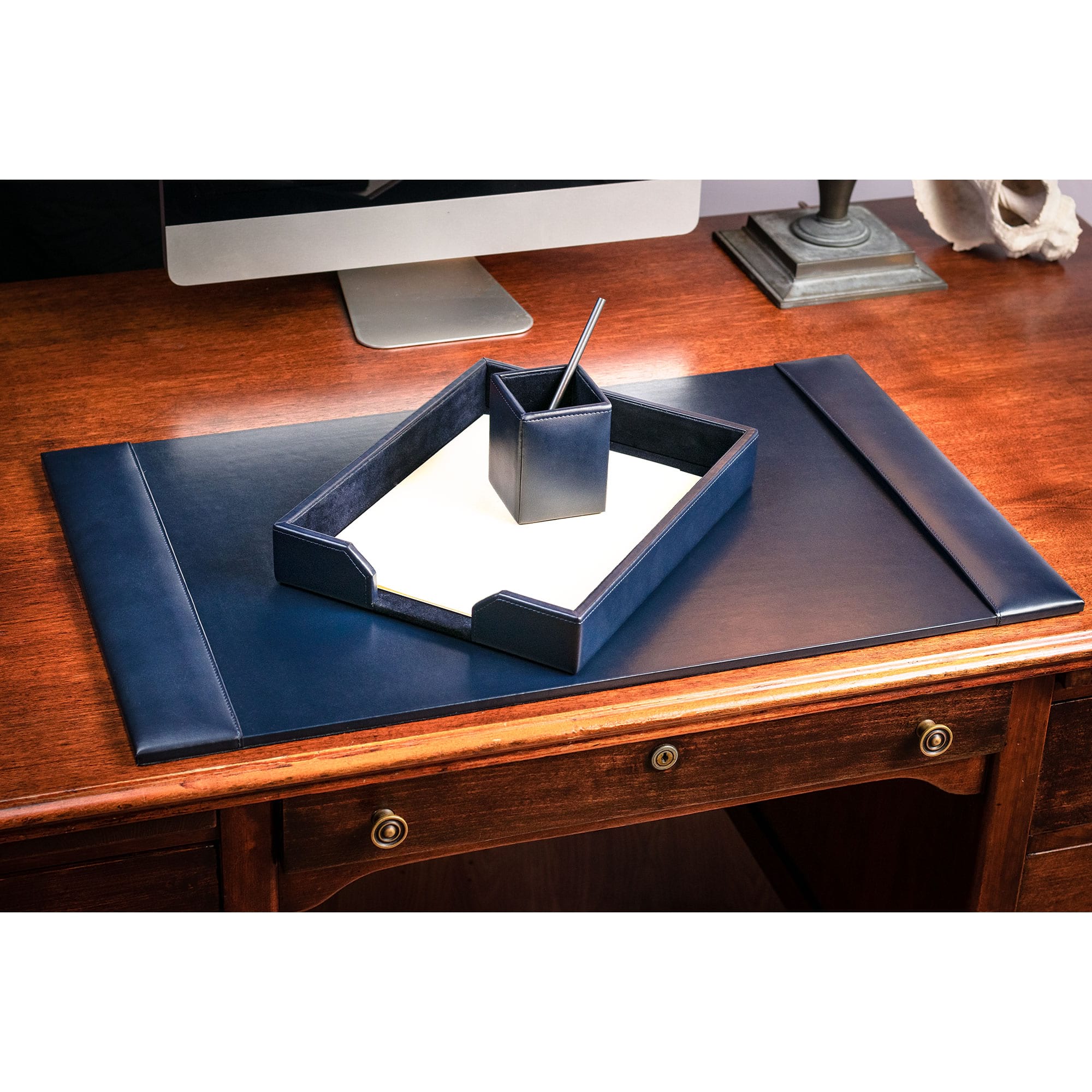 Navy Blue Bonded Leather Desk Set, 3pc
