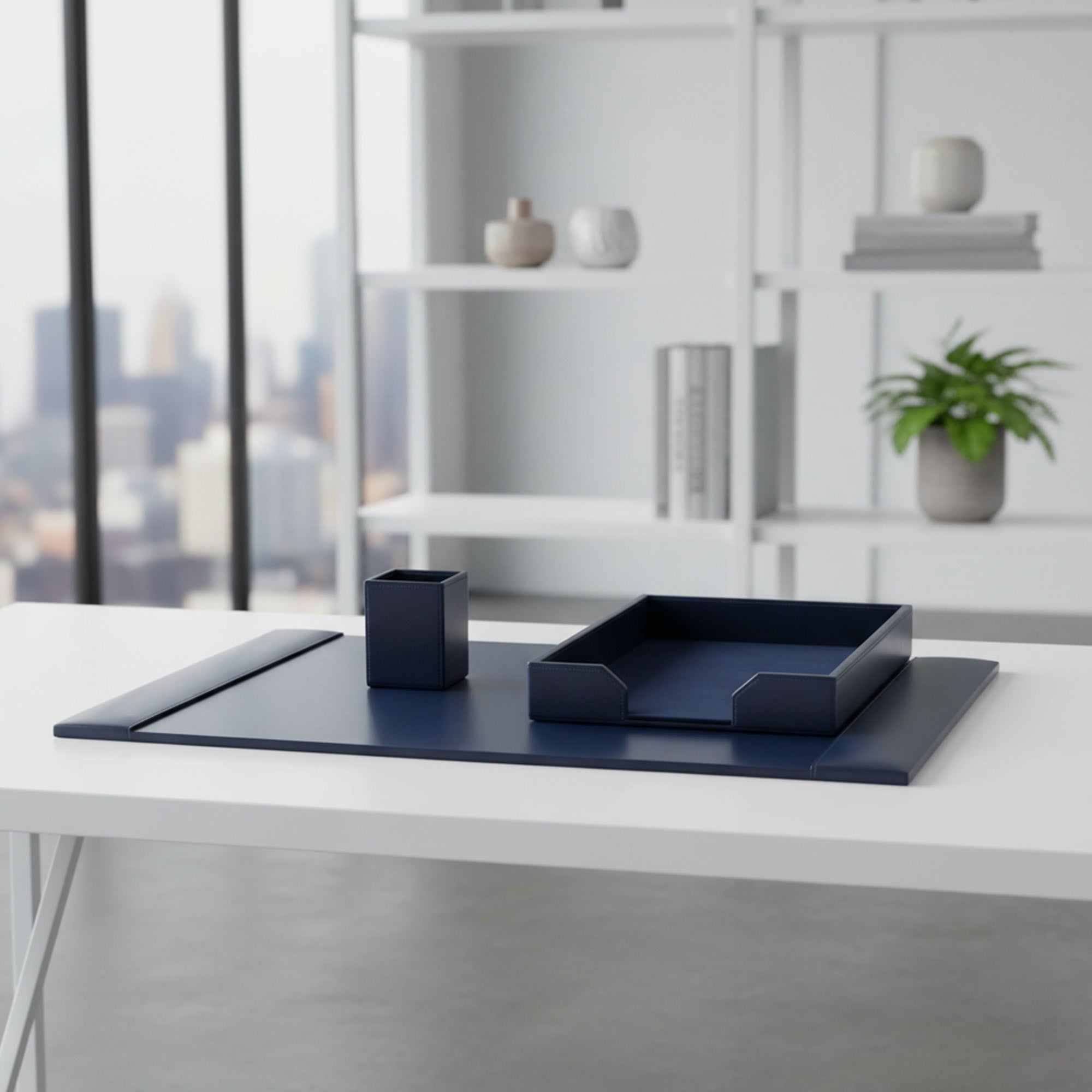 Navy Blue Bonded Leather Desk Set, 3pc