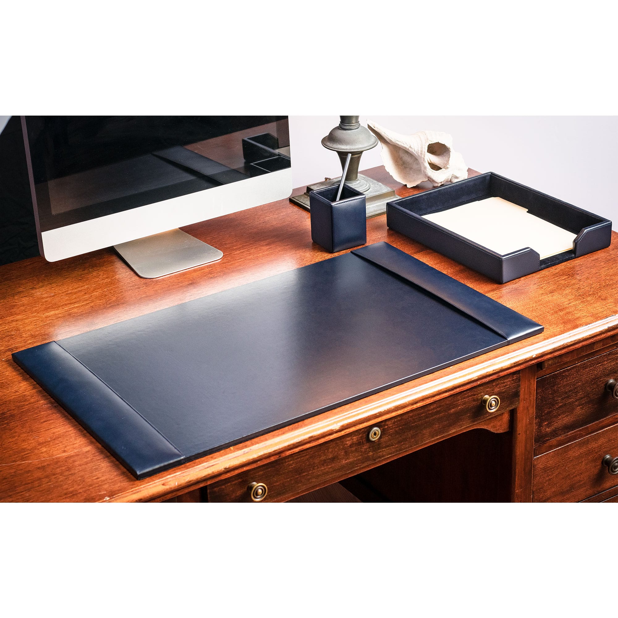 Navy Blue Bonded Leather Desk Set, 3pc