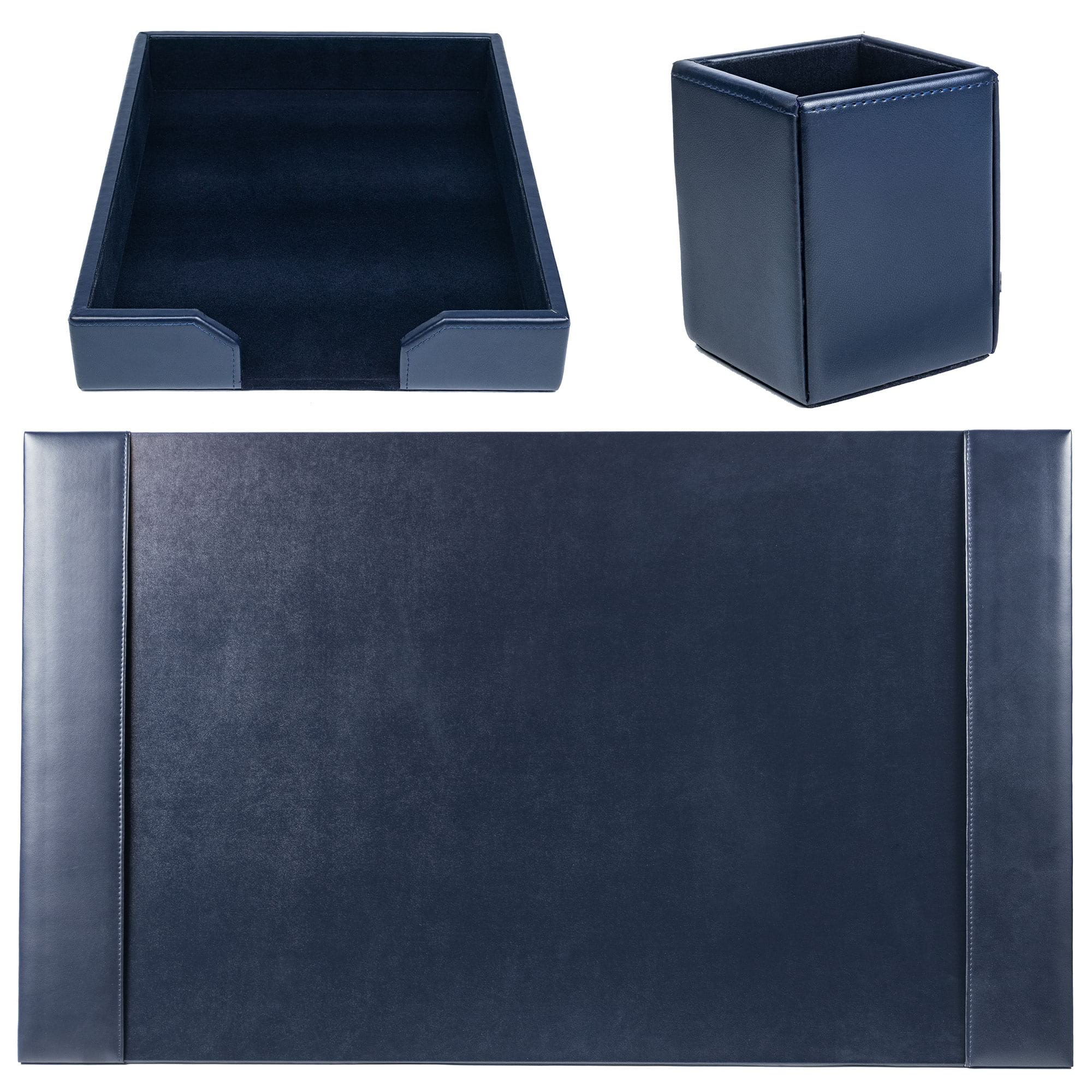 Navy Blue Bonded Leather Desk Set, 3pc