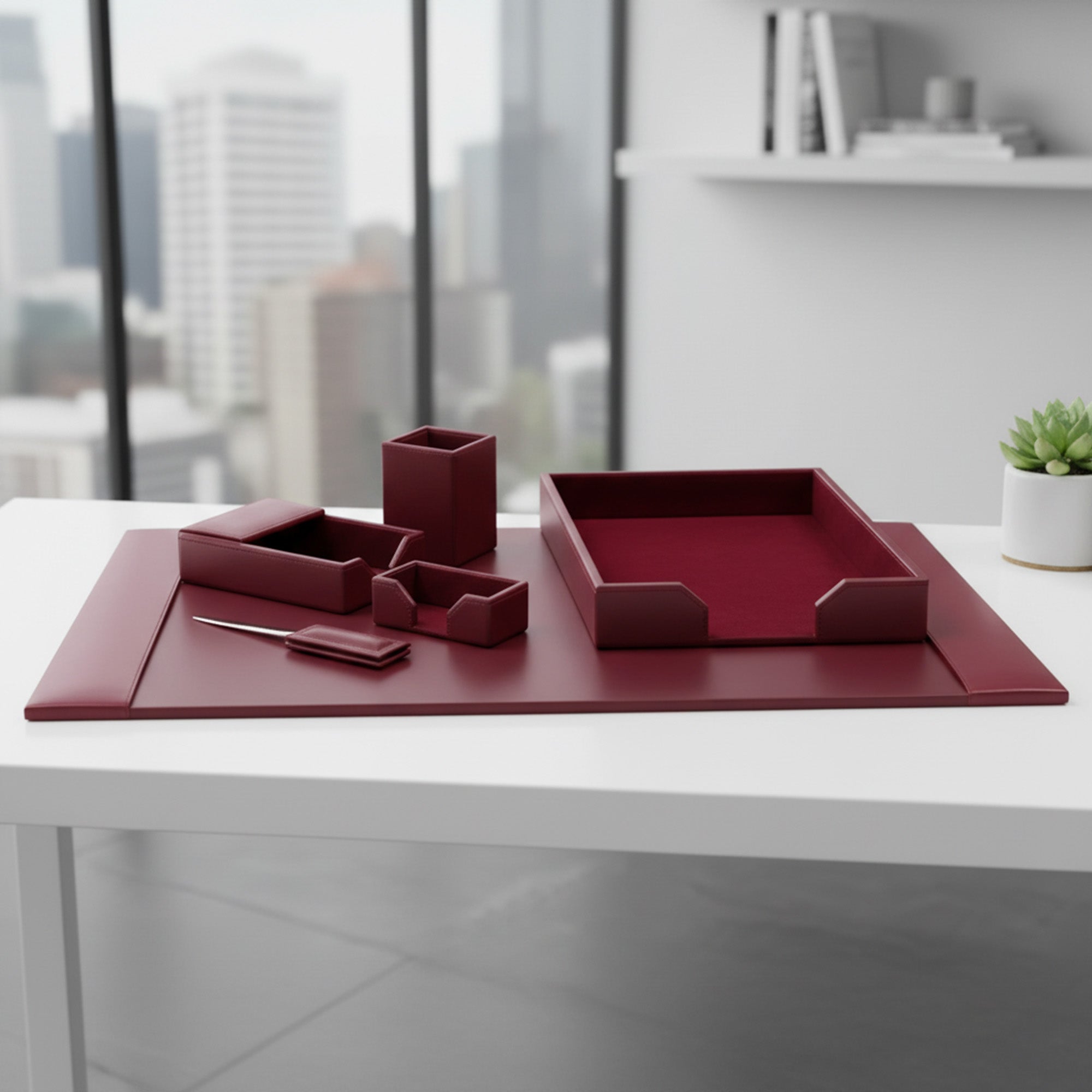 Burgundy Bonded Leather Desk Set, 6pc
