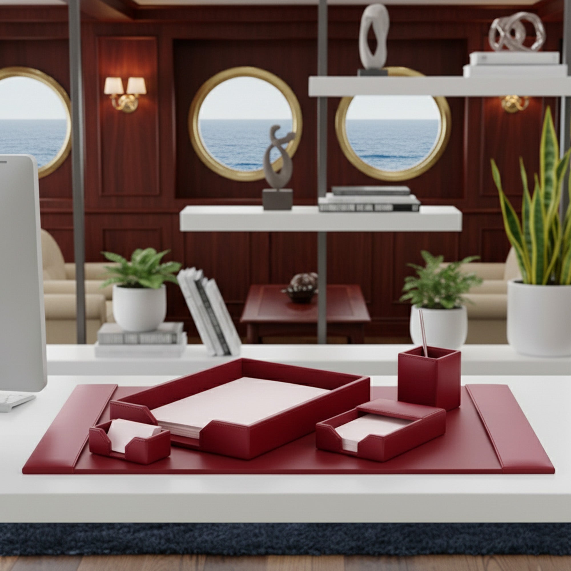 Burgundy Bonded Leather Desk Set, 5pc