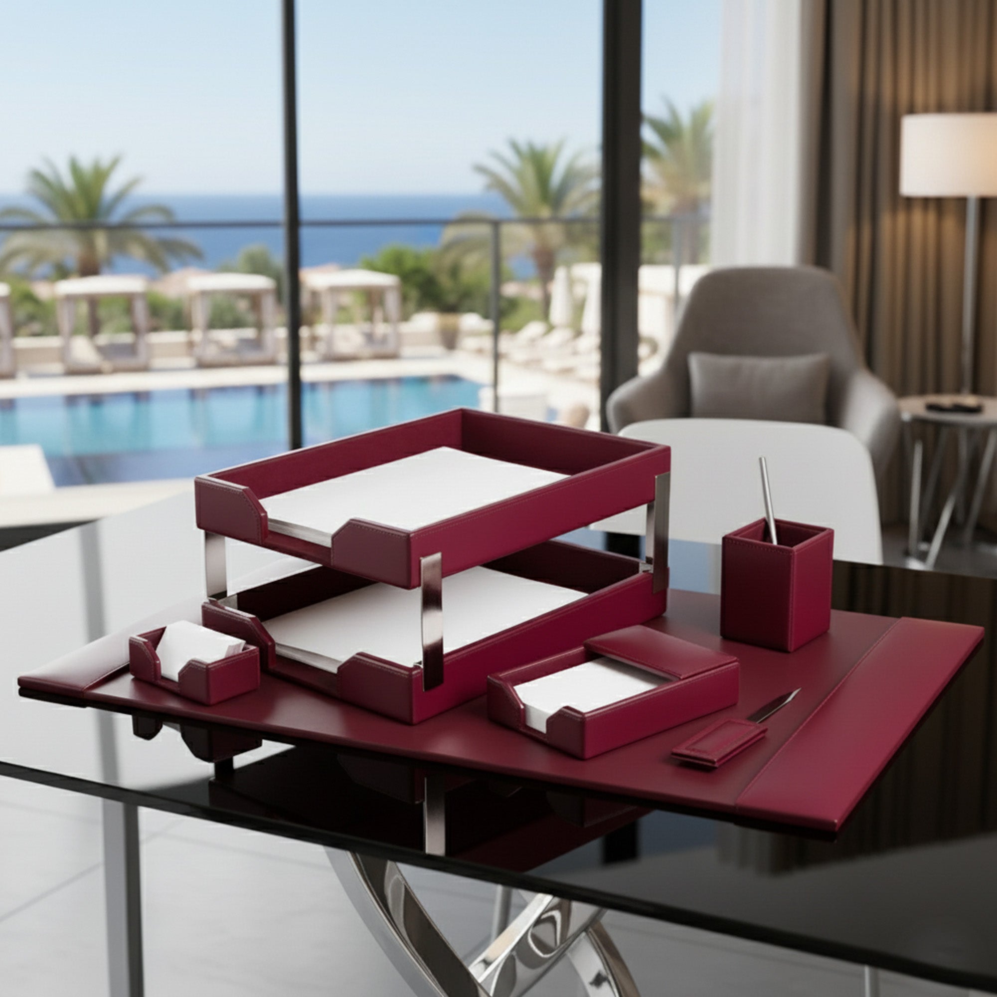 Burgundy Bonded Leather Desk Set, 8pc