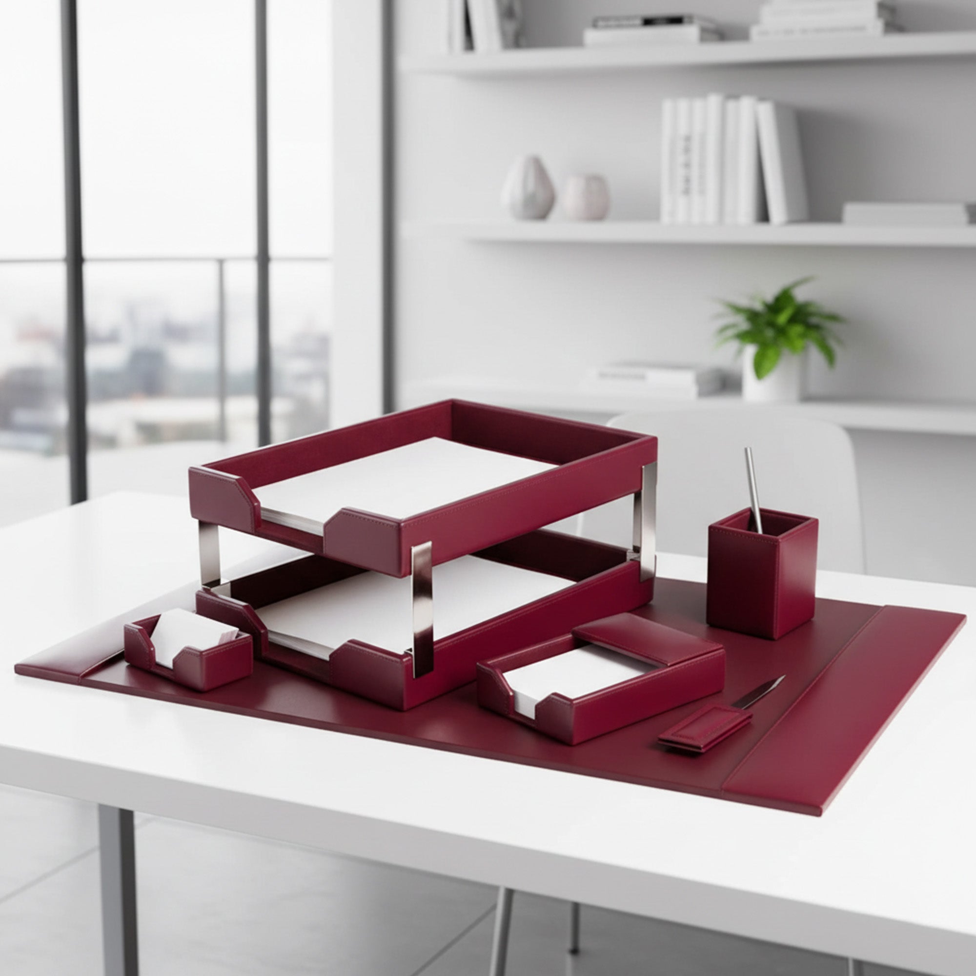 Burgundy Bonded Leather Desk Set, 8pc