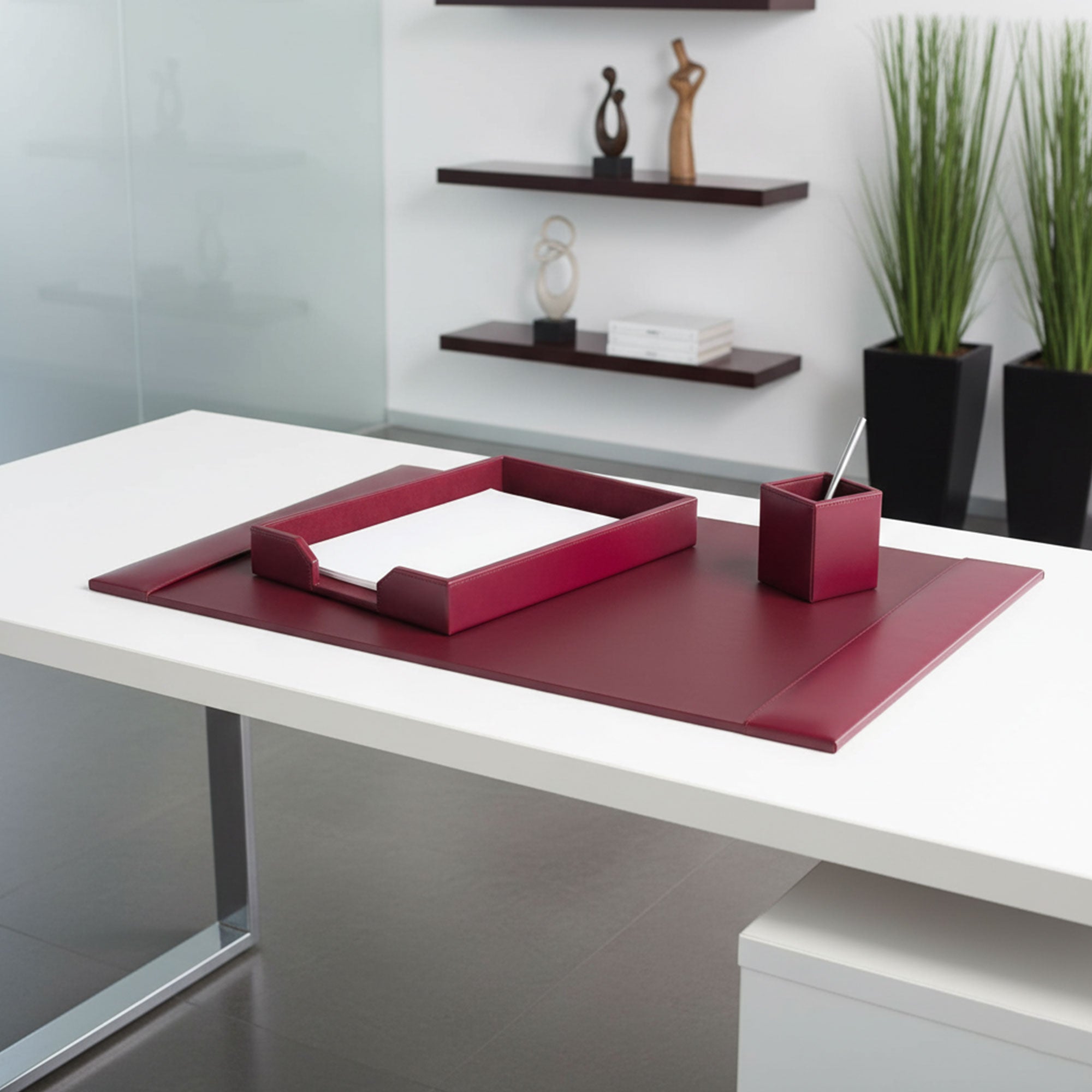 Burgundy Bonded Leather Desk Set, 3pc