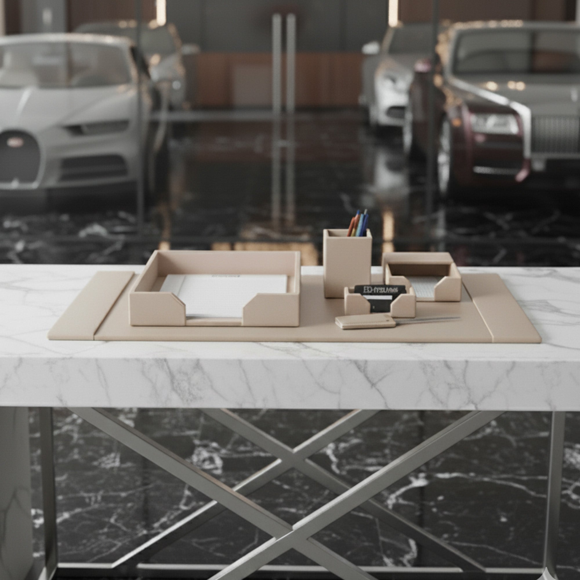 White Latte Bonded Leather Desk Set, 6pc