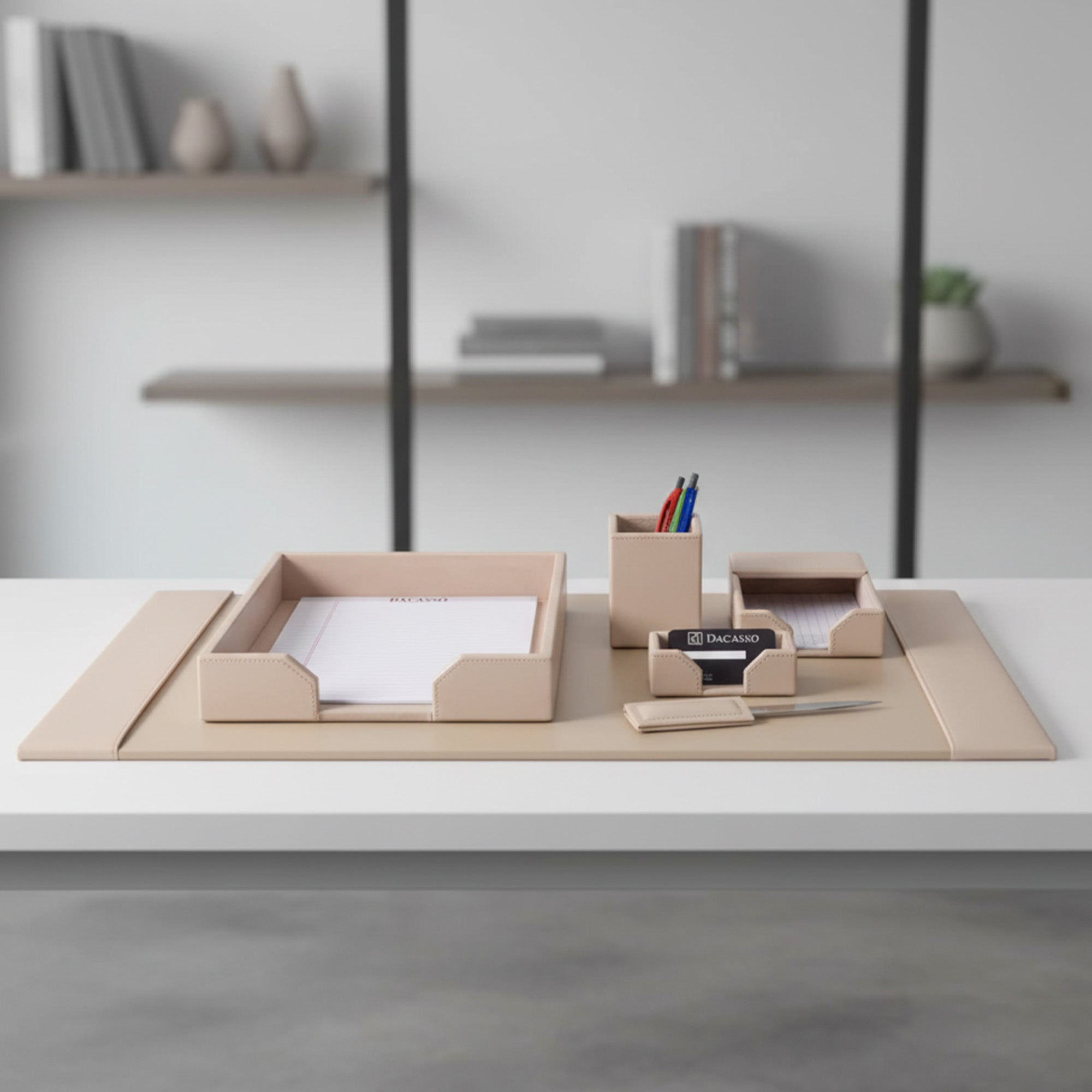 White Latte Bonded Leather Desk Set, 6pc