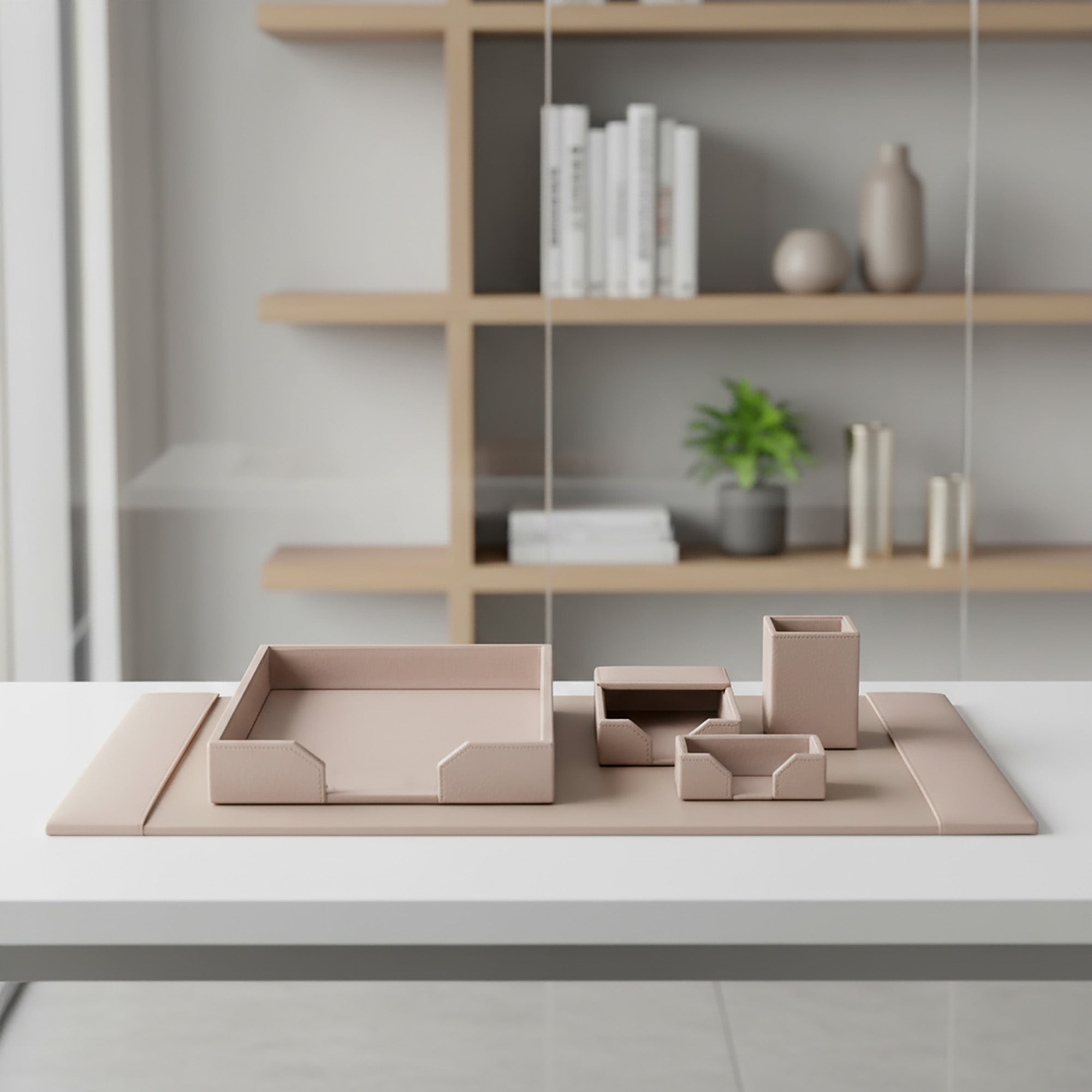 White Latte Bonded Leather Desk Set, 5pc