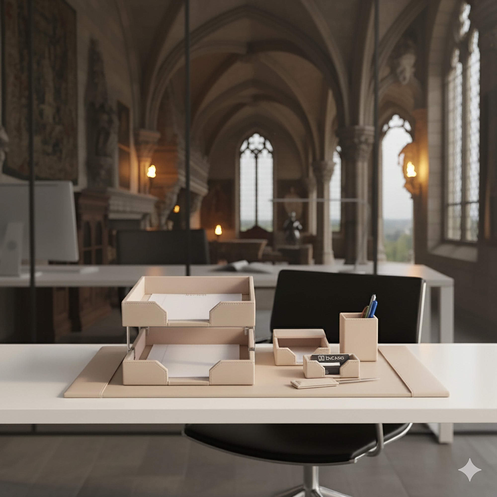 White Latte Bonded Leather Desk Set, 8pc