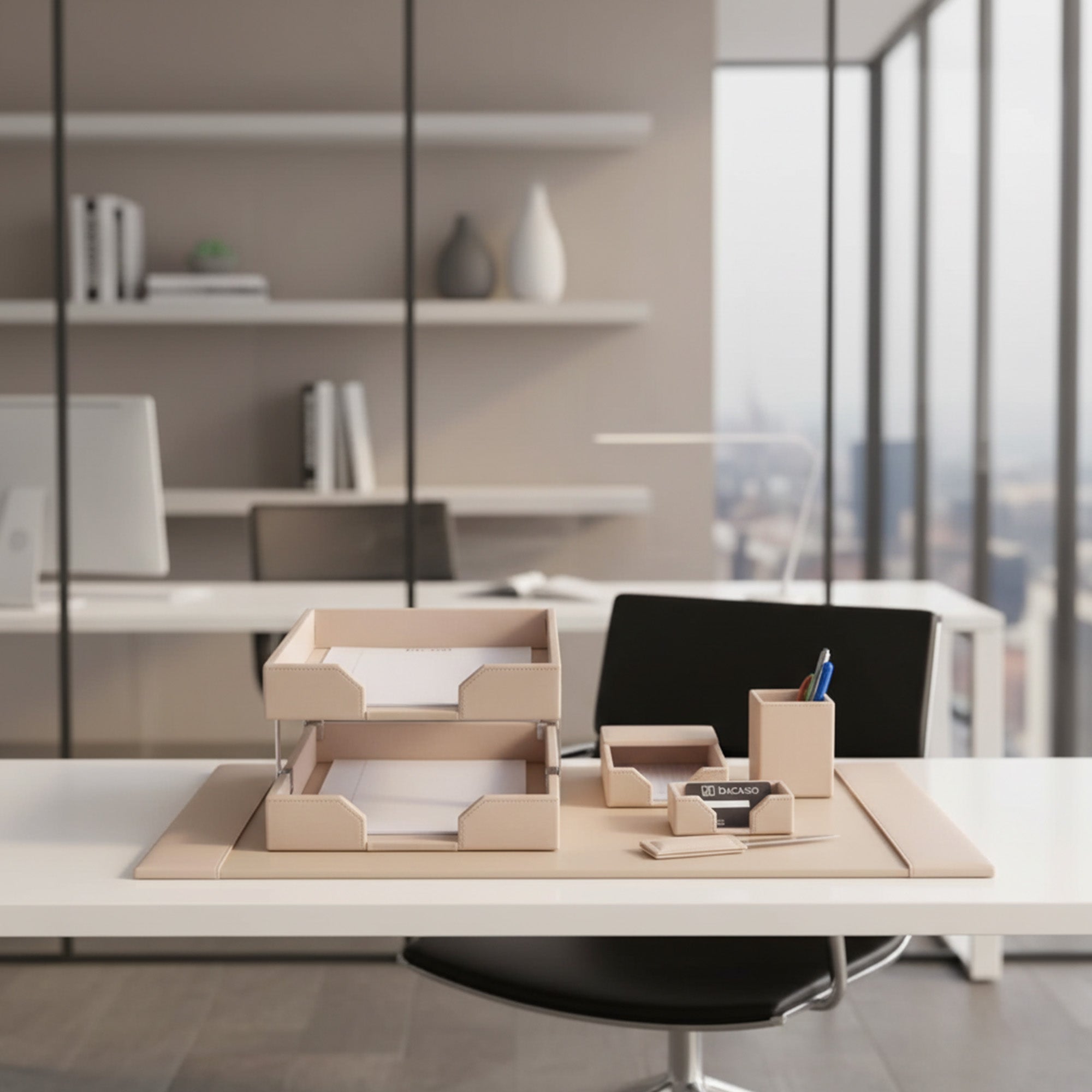 White Latte Bonded Leather Desk Set, 8pc