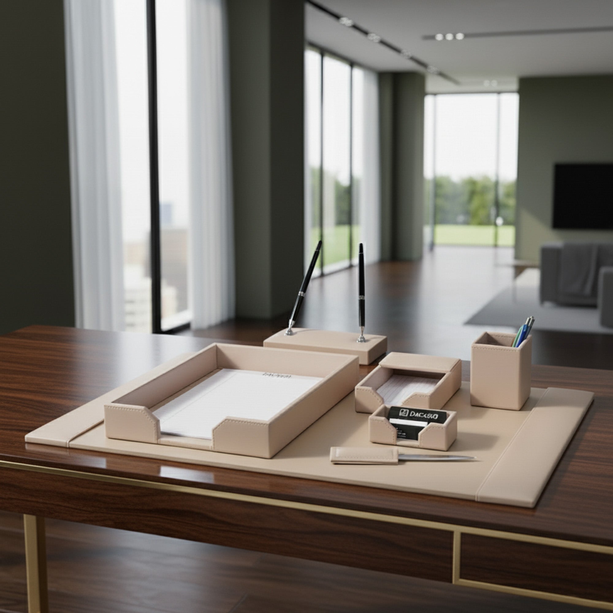 White Latte Bonded Leather Desk Set, 7pc