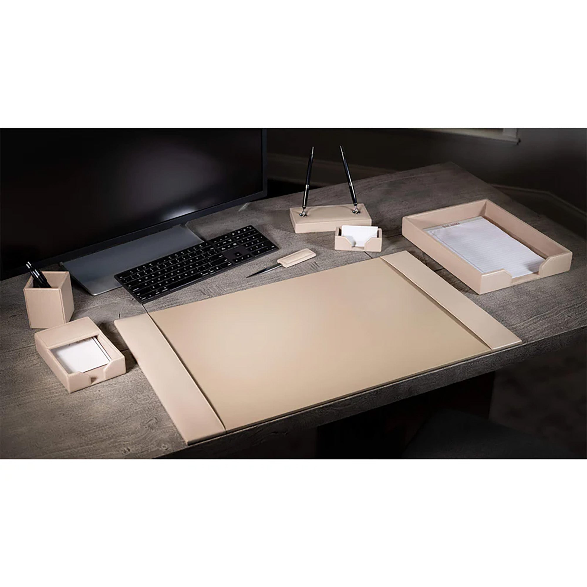 White Latte Bonded Leather Desk Set, 7pc