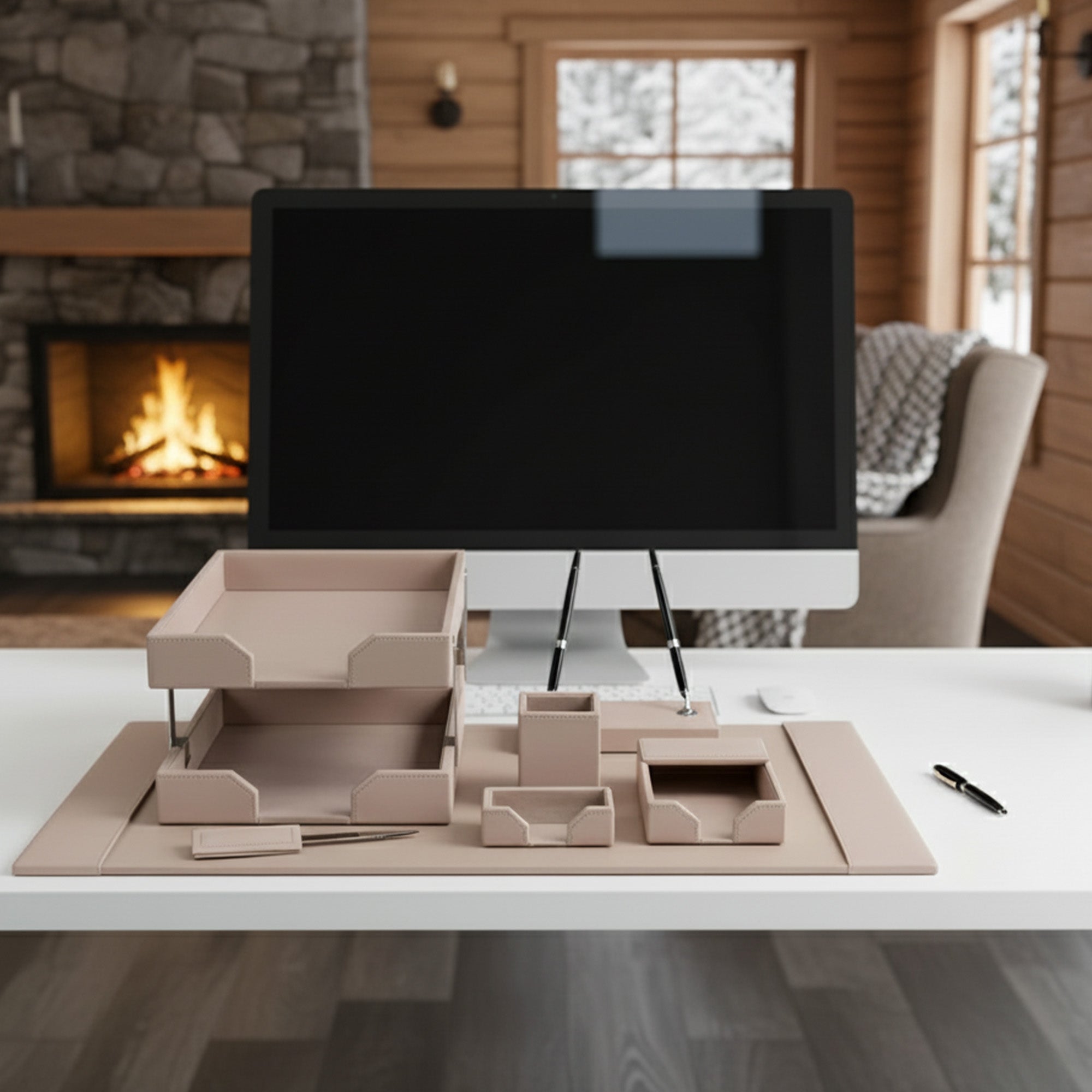 White Latte Bonded Leather Desk Set, 9pc