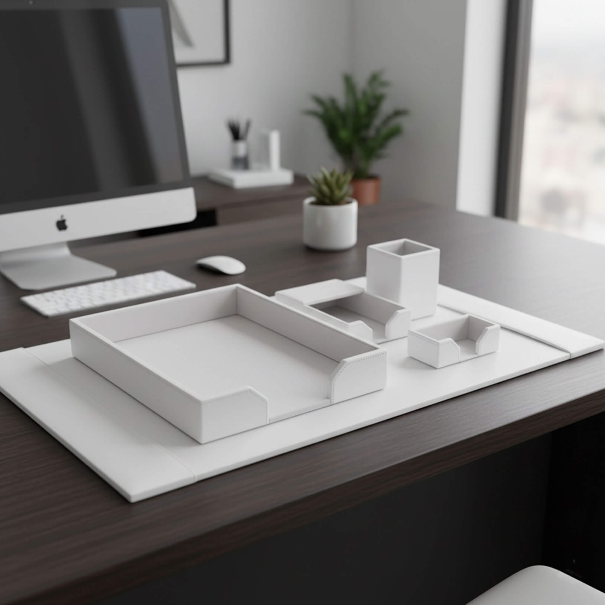 White Bonded Leather 5-Piece Desk Set