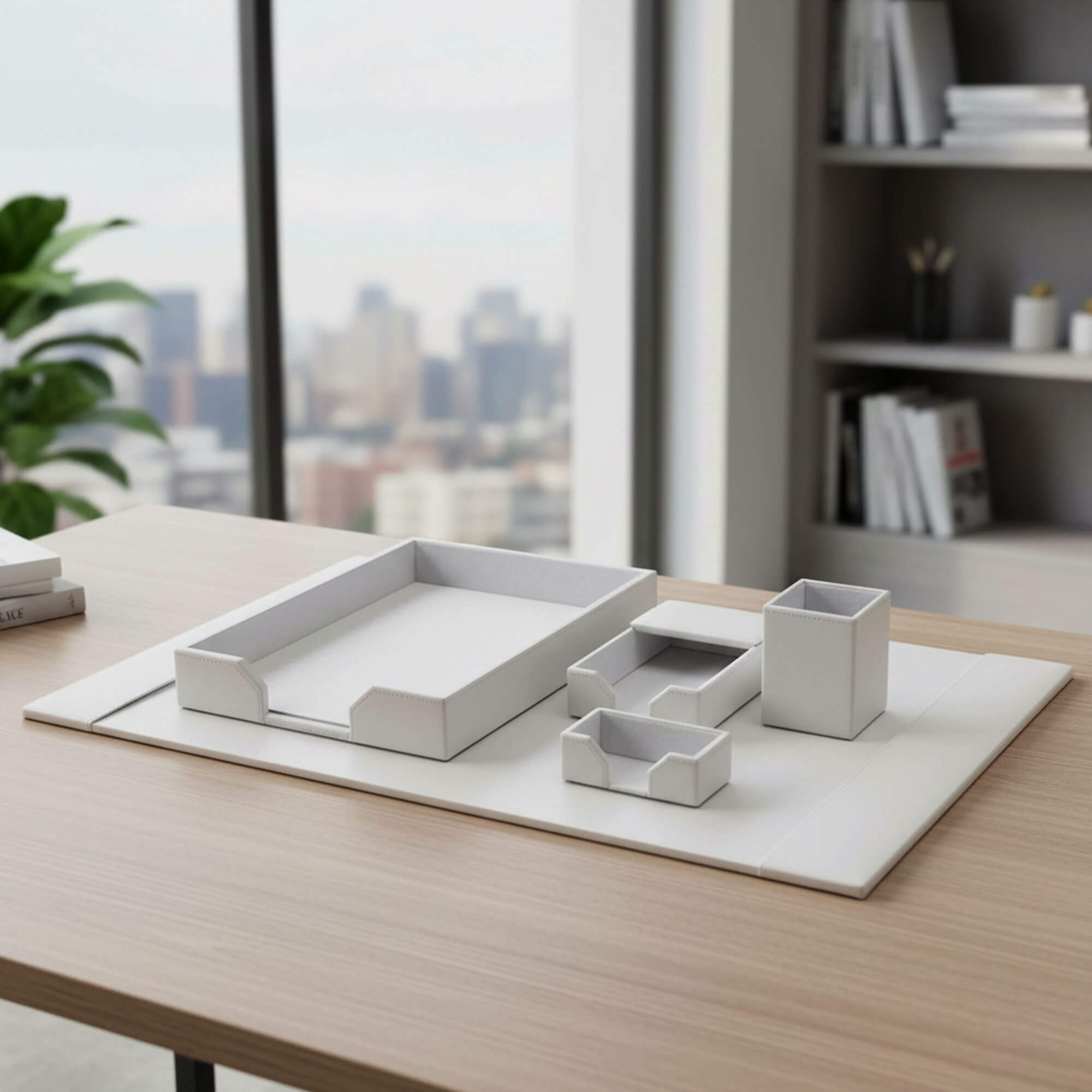 White Bonded Leather 5-Piece Desk Set