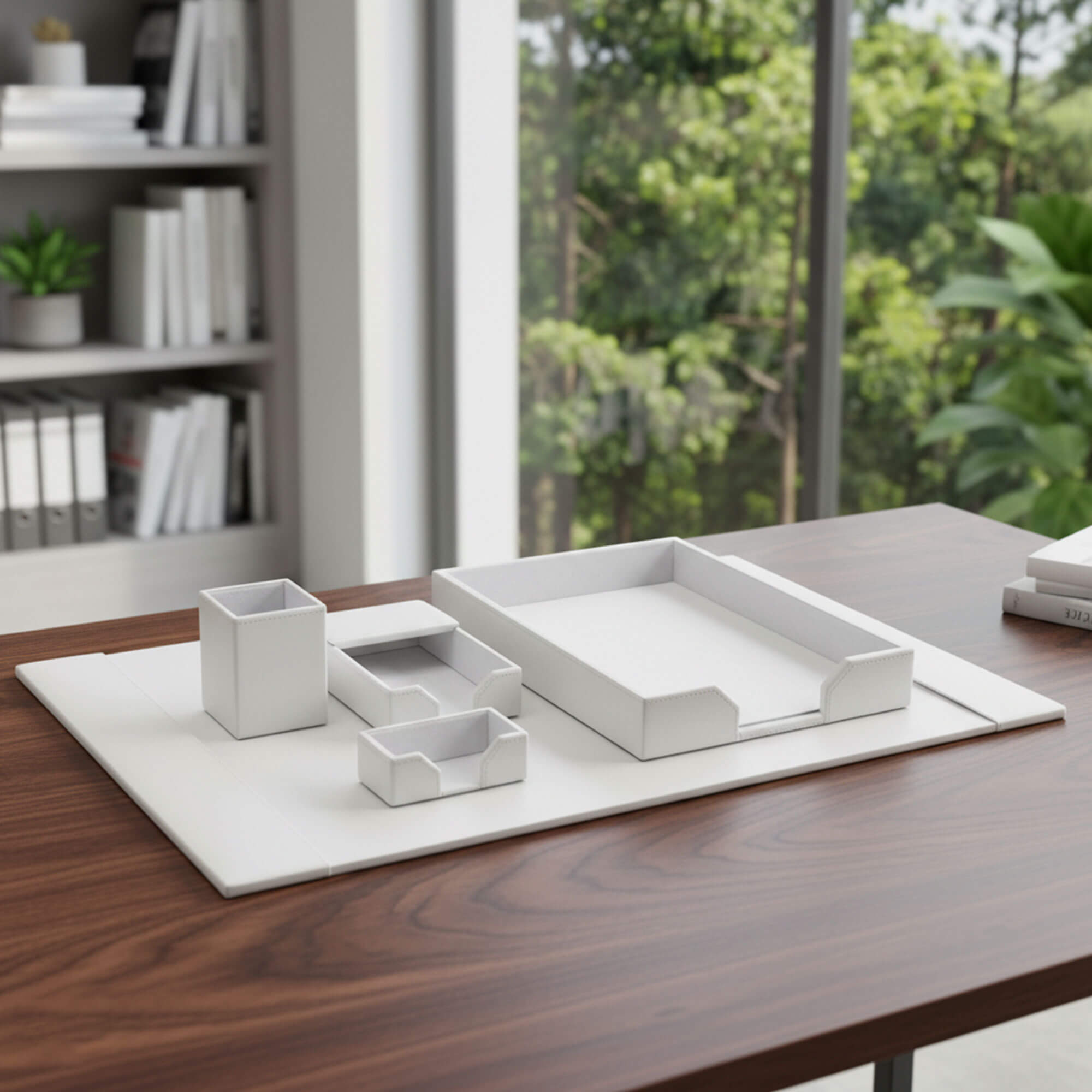 White Bonded Leather 5-Piece Desk Set