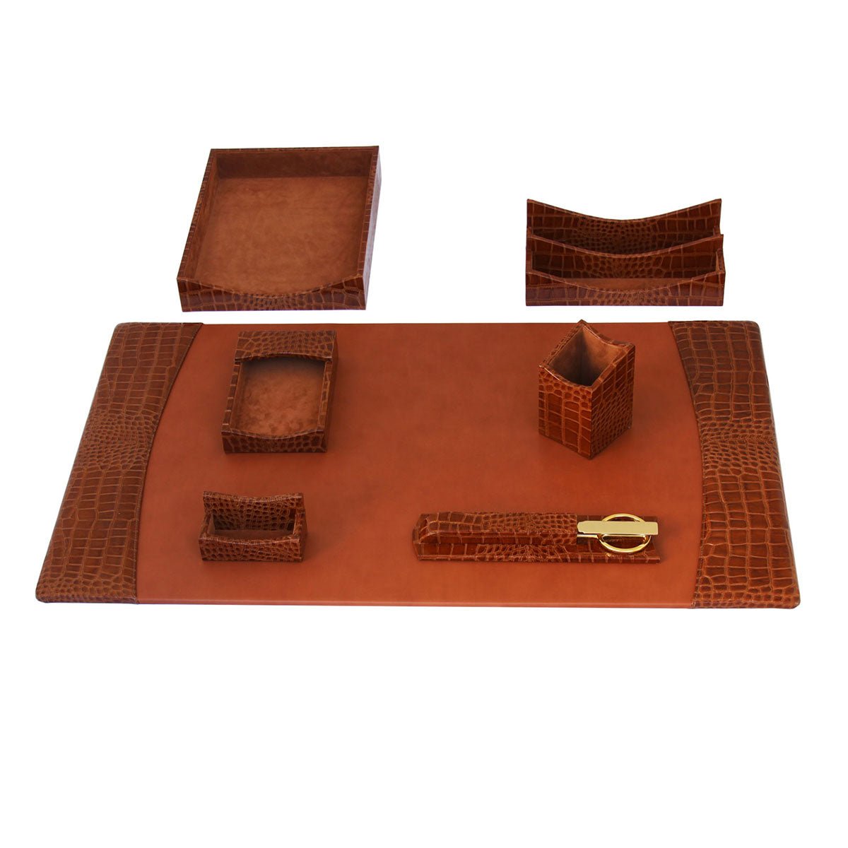 Protacini Cognac Brown Italian Crocodile Leather 7pc Desk Set