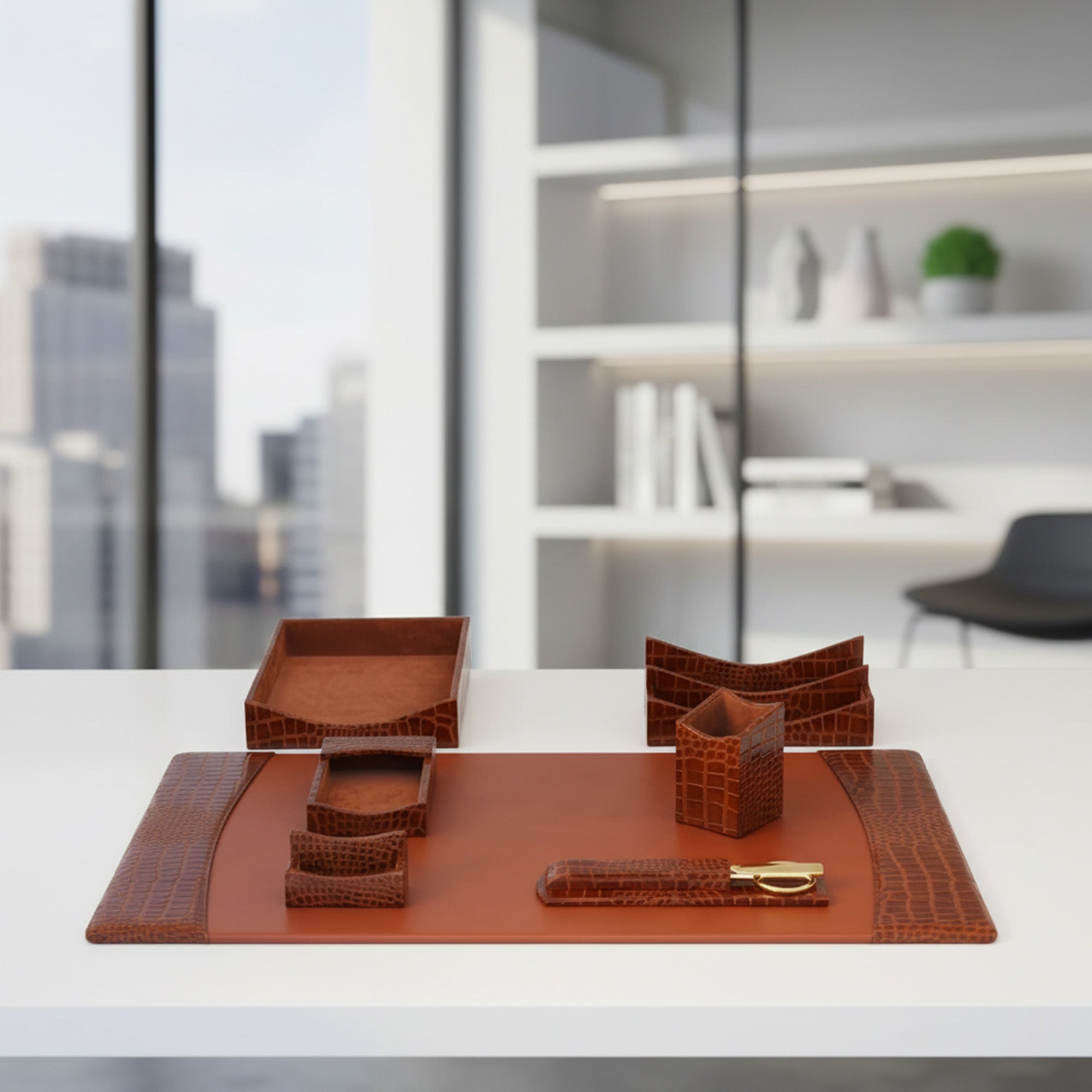 Protacini Cognac Brown Italian Crocodile Leather 7pc Desk Set