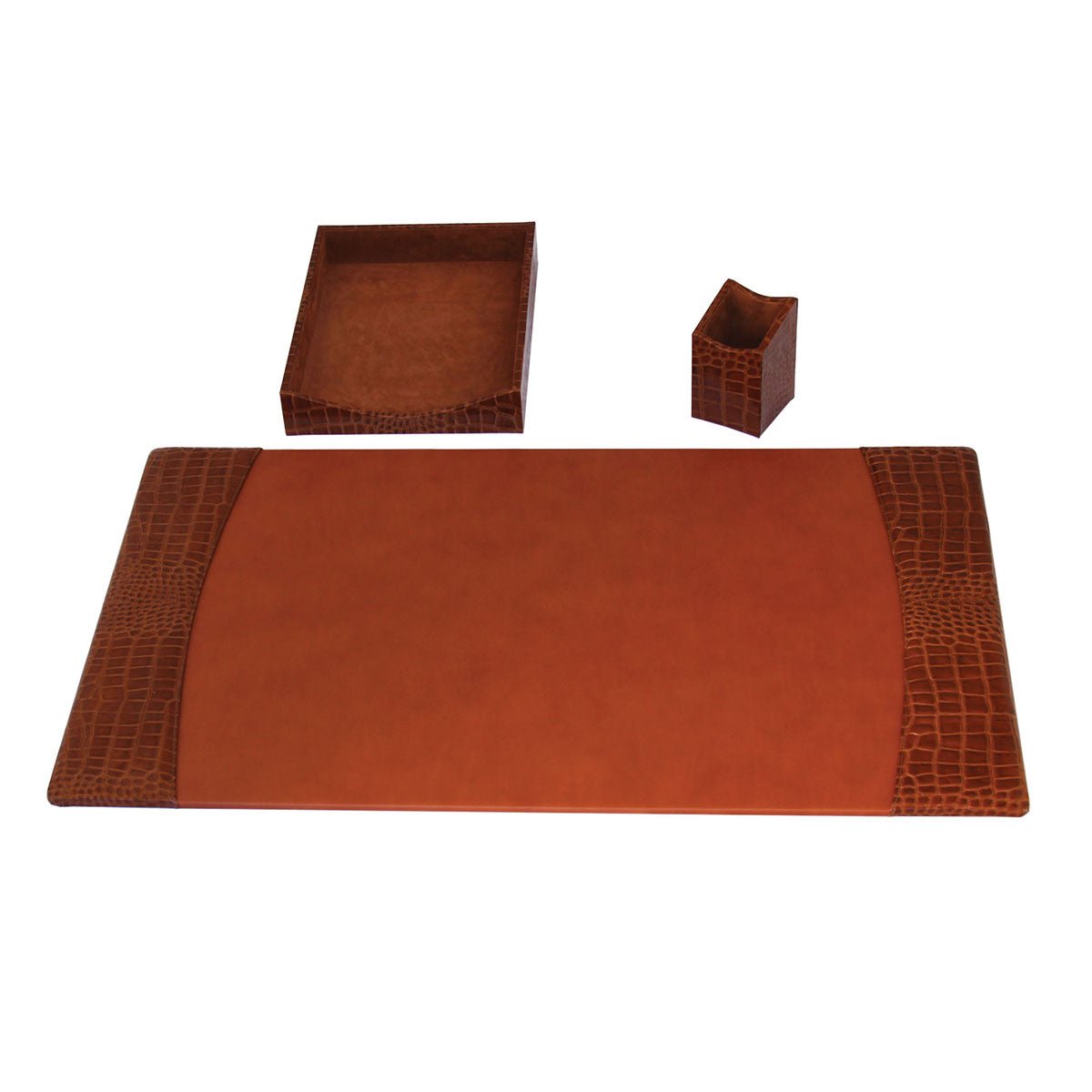 Protacini Cognac Brown Italian Crocodile Leather 3pc Desk Set