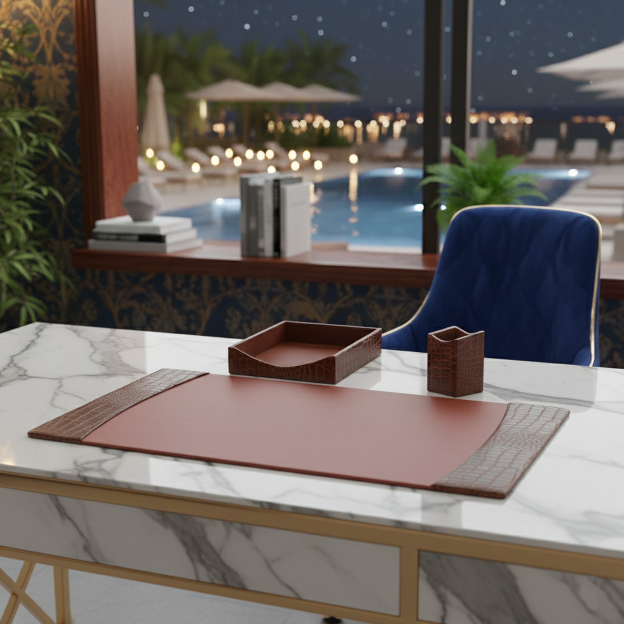 Protacini Cognac Brown Italian Crocodile Leather 3pc Desk Set