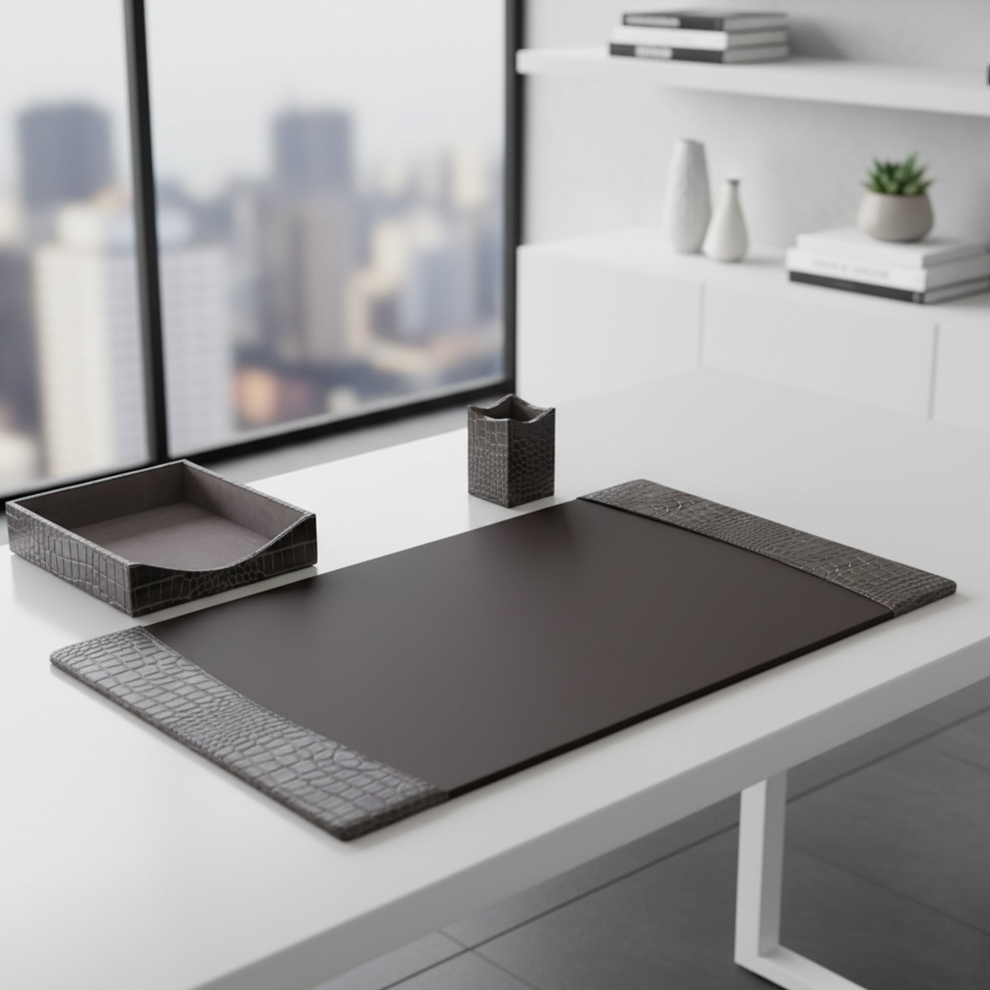 Protacini Castlerock Gray Italian Crocodile Leather 3pc Desk Set