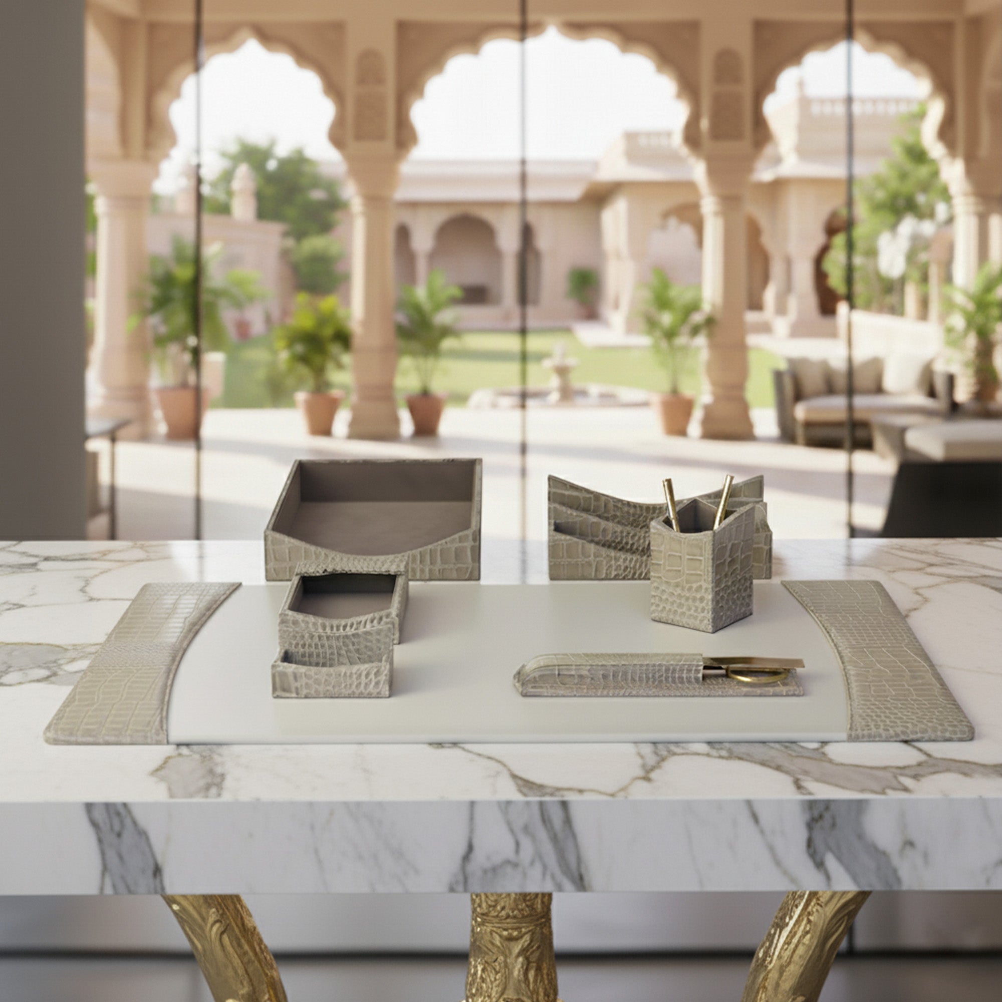 Protacini Breeze Beige Italian Crocodile Leather 7pc Desk Set