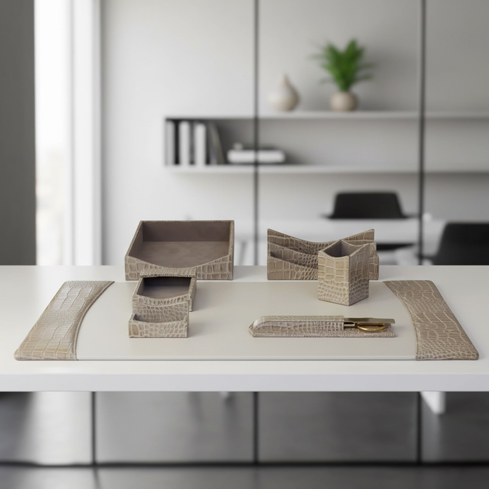 Protacini Breeze Beige Italian Crocodile Leather 7pc Desk Set