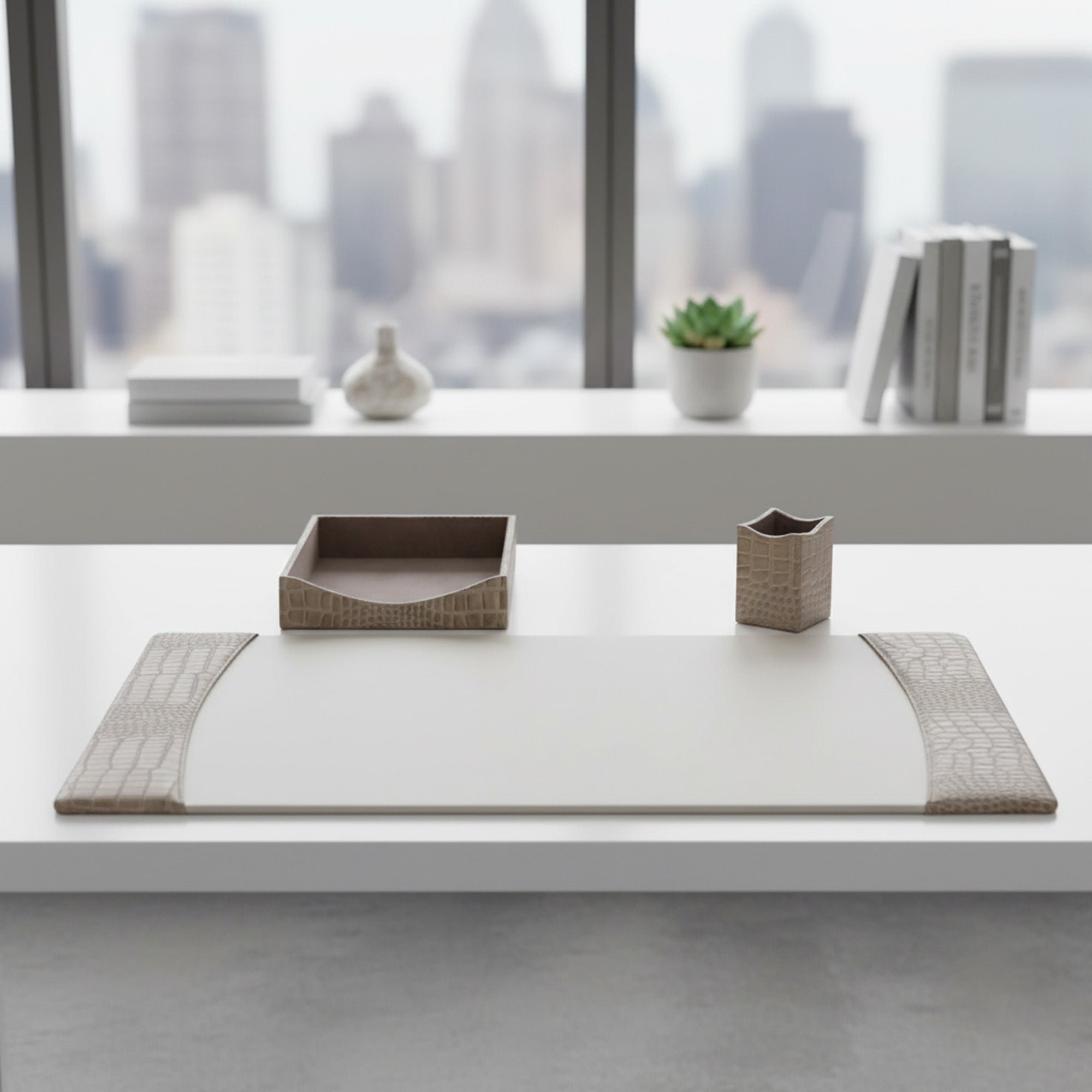 Protacini Breeze Beige Italian Crocodile Leather 3pc Desk Set