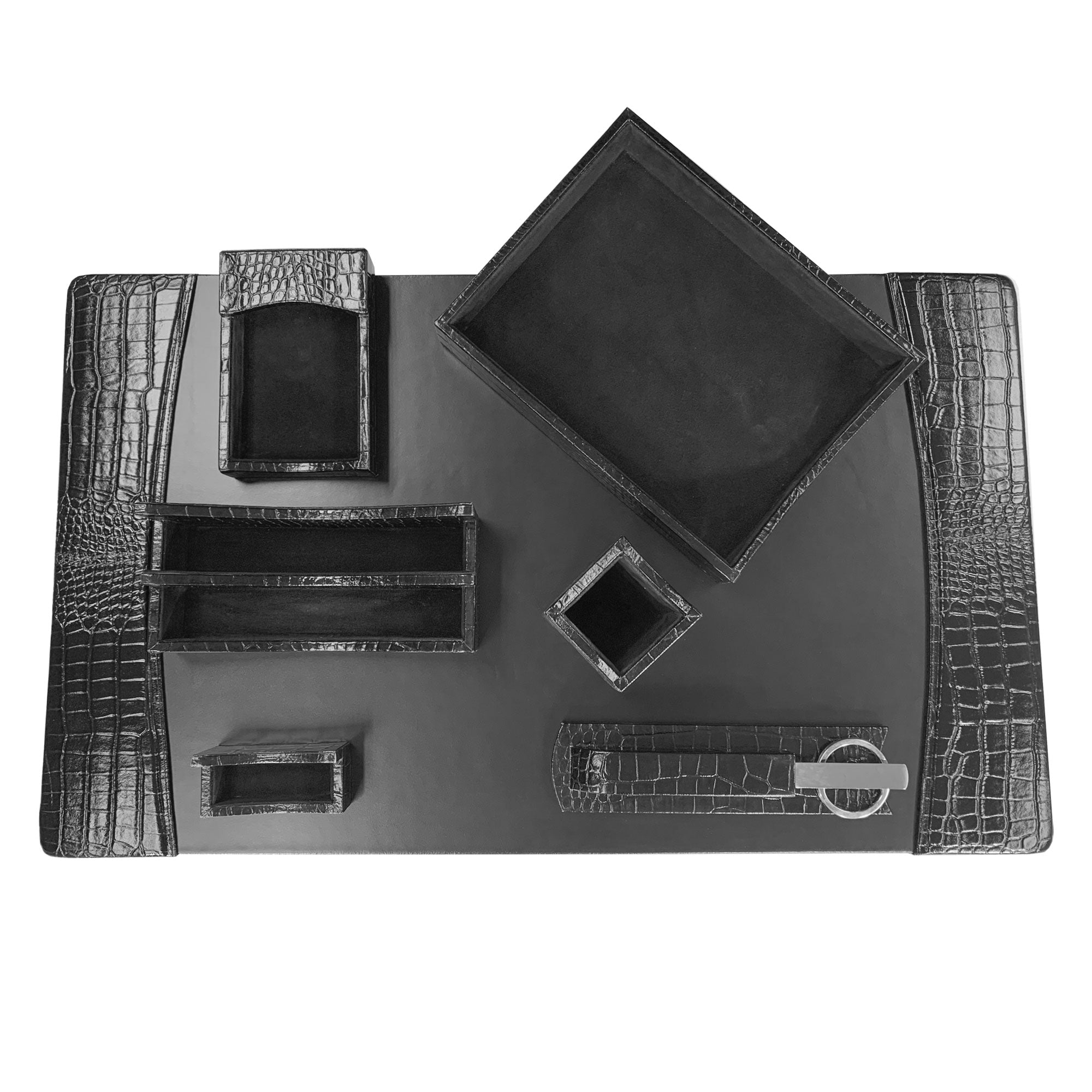 Protacini Black Italian Crocodile Leather 7pc Desk Set