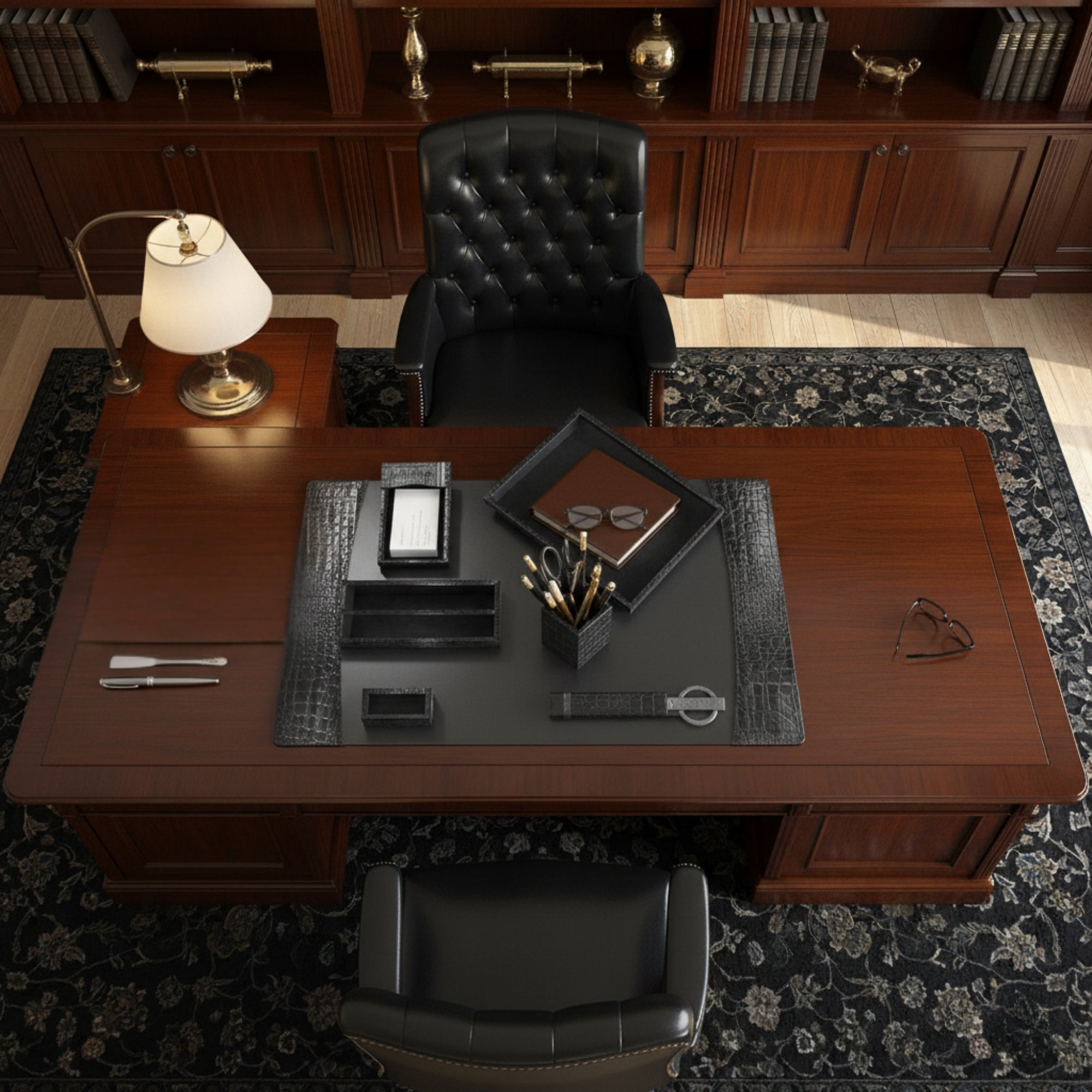Protacini Black Italian Crocodile Leather 7pc Desk Set