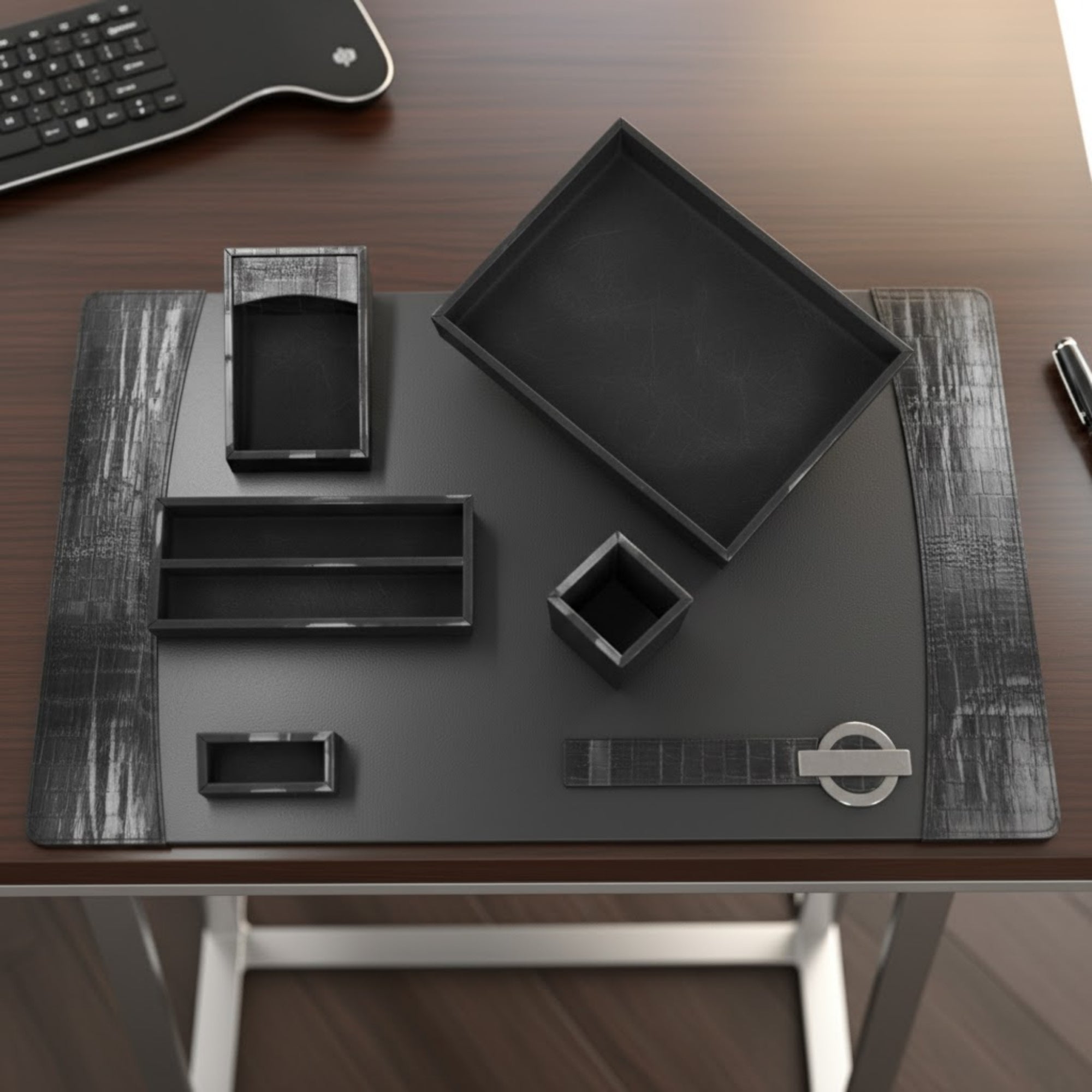 Protacini Black Italian Crocodile Leather 7pc Desk Set