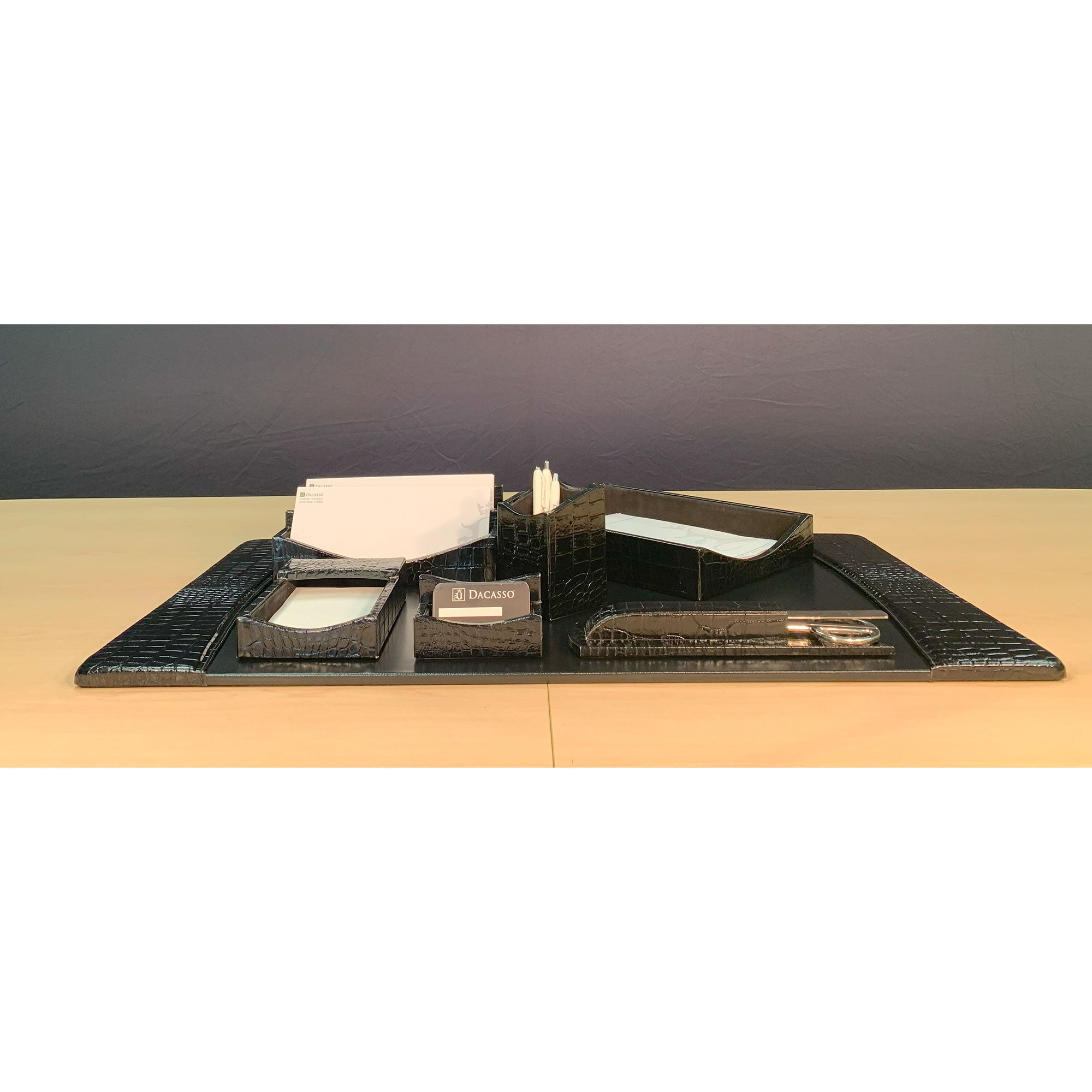 Protacini Black Italian Crocodile Leather 7pc Desk Set
