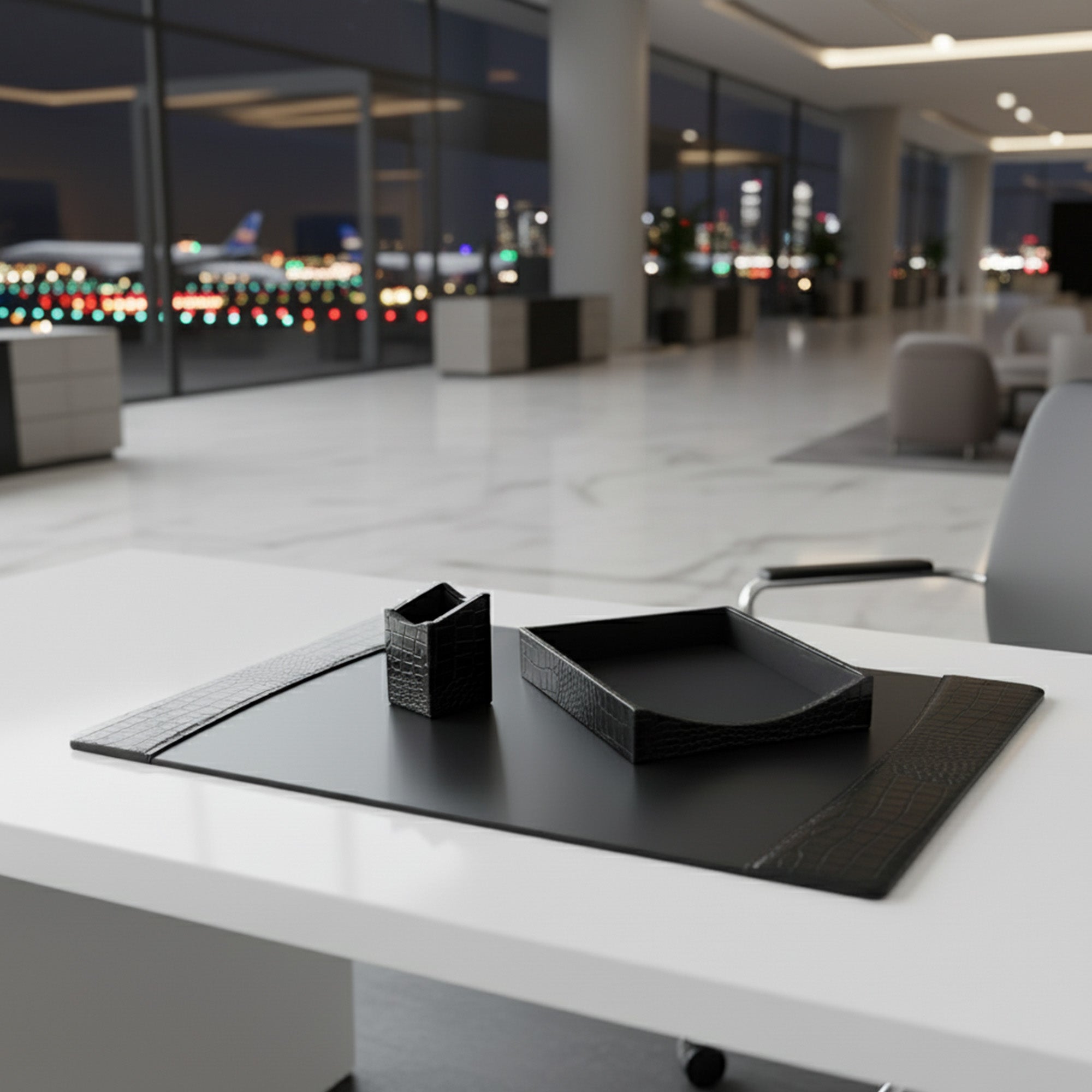 Protacini Black Italian Crocodile Leather 3pc Desk Set