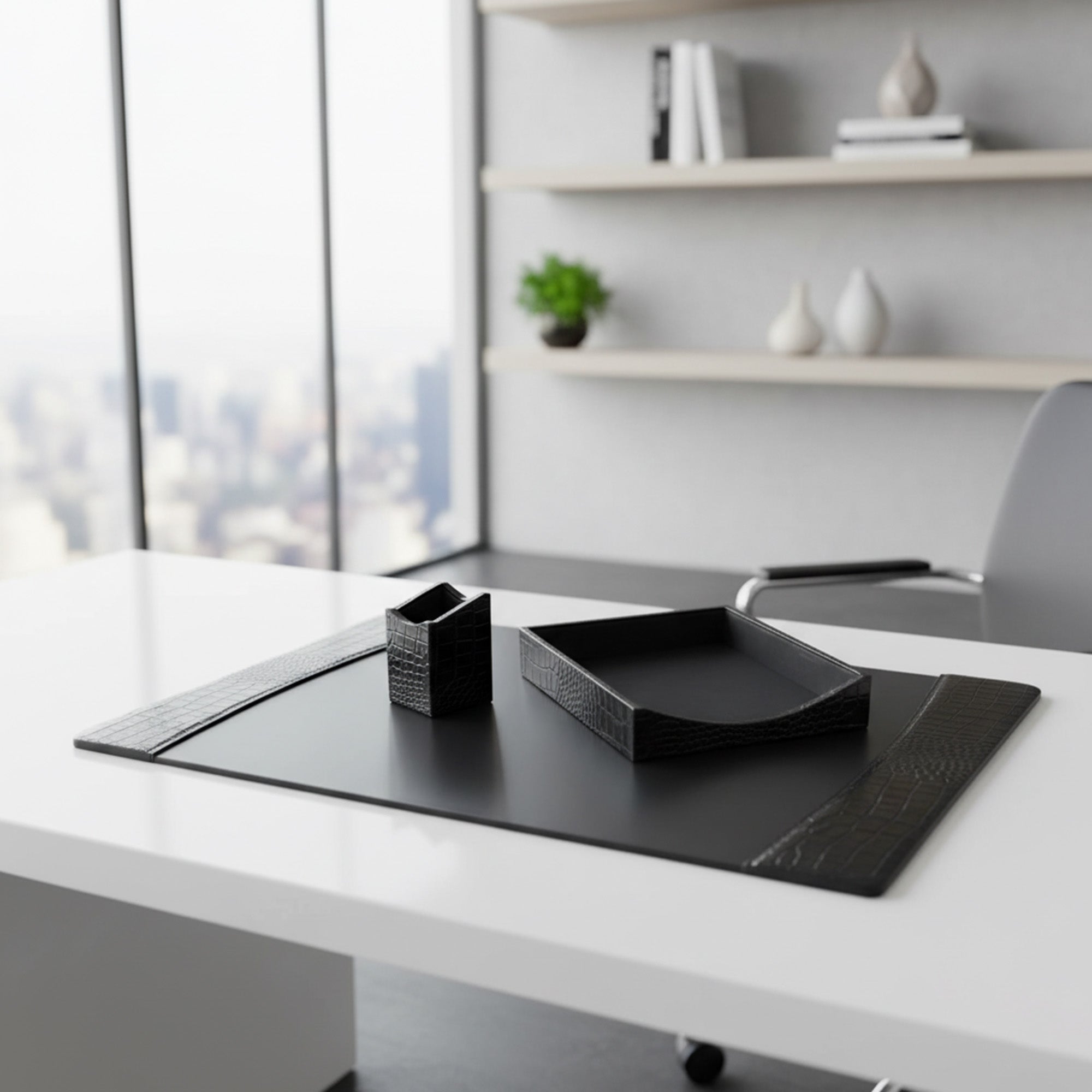 Protacini Black Italian Crocodile Leather 3pc Desk Set