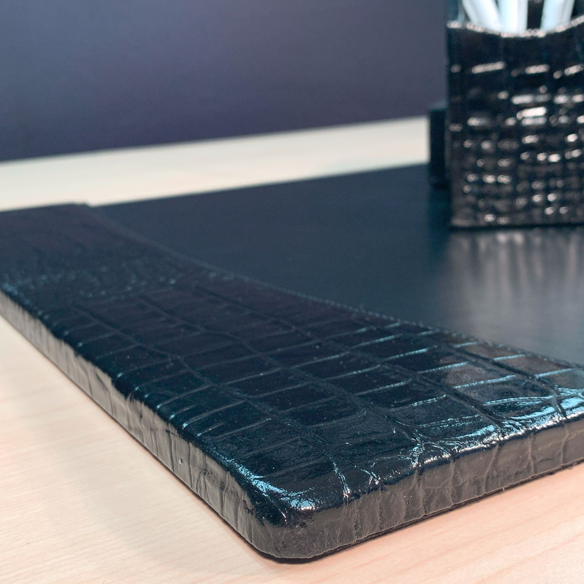 Protacini Black Italian Crocodile Leather 3pc Desk Set