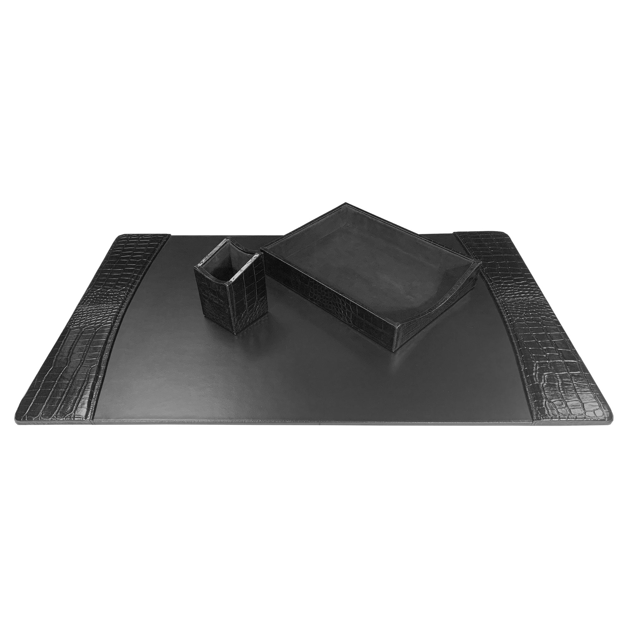 Protacini Black Italian Crocodile Leather 3pc Desk Set