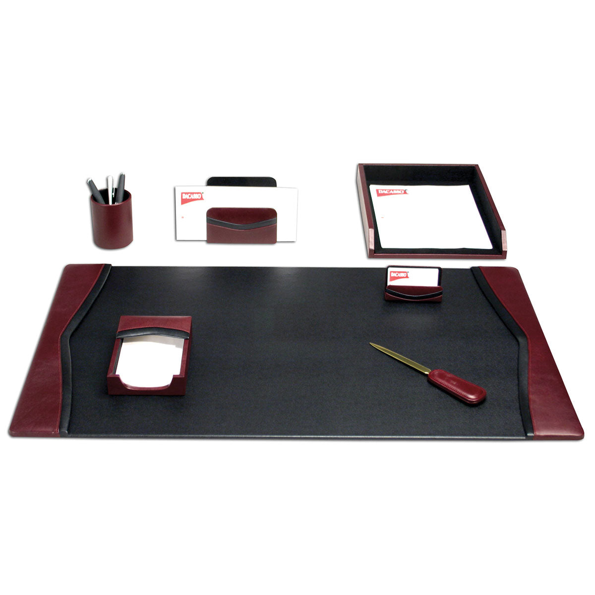 Burgundy Leather with Black Trim Desk Set, 7pc