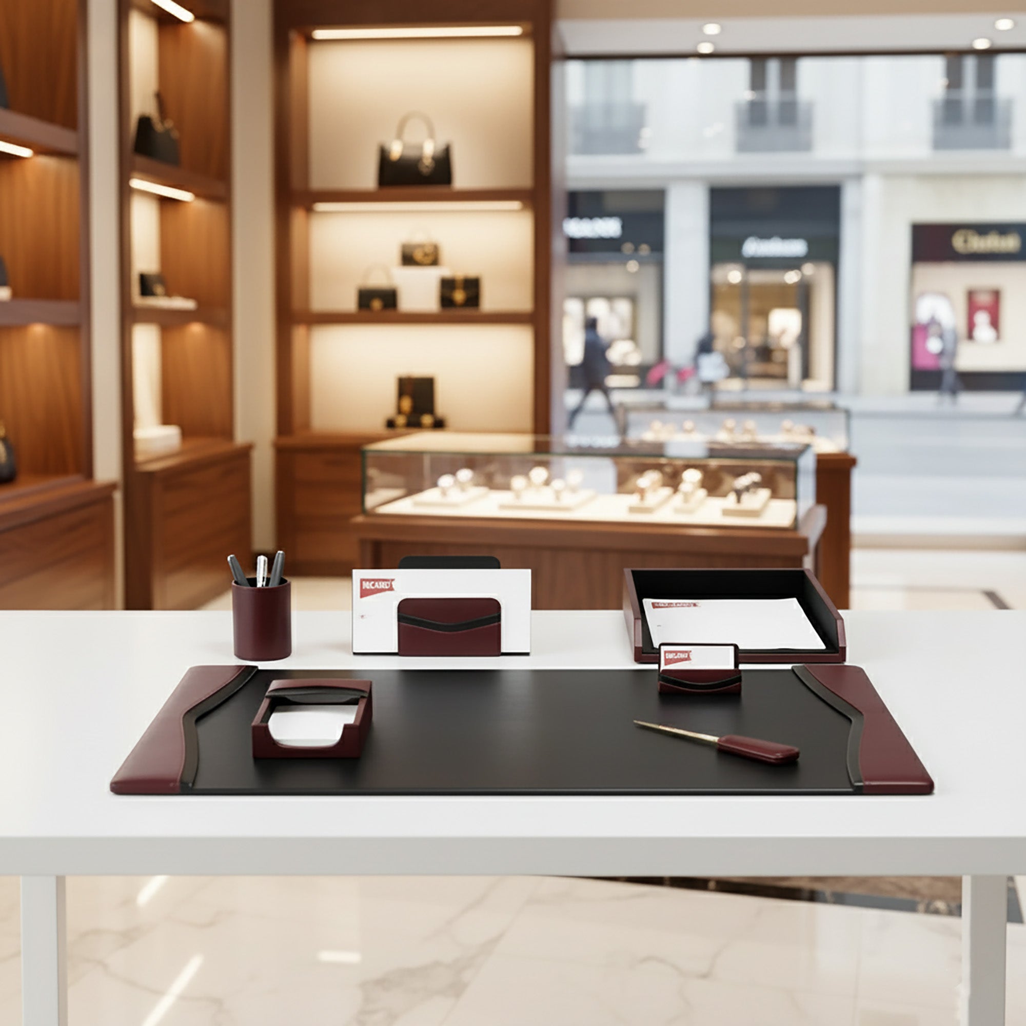 Burgundy Leather with Black Trim Desk Set, 7pc
