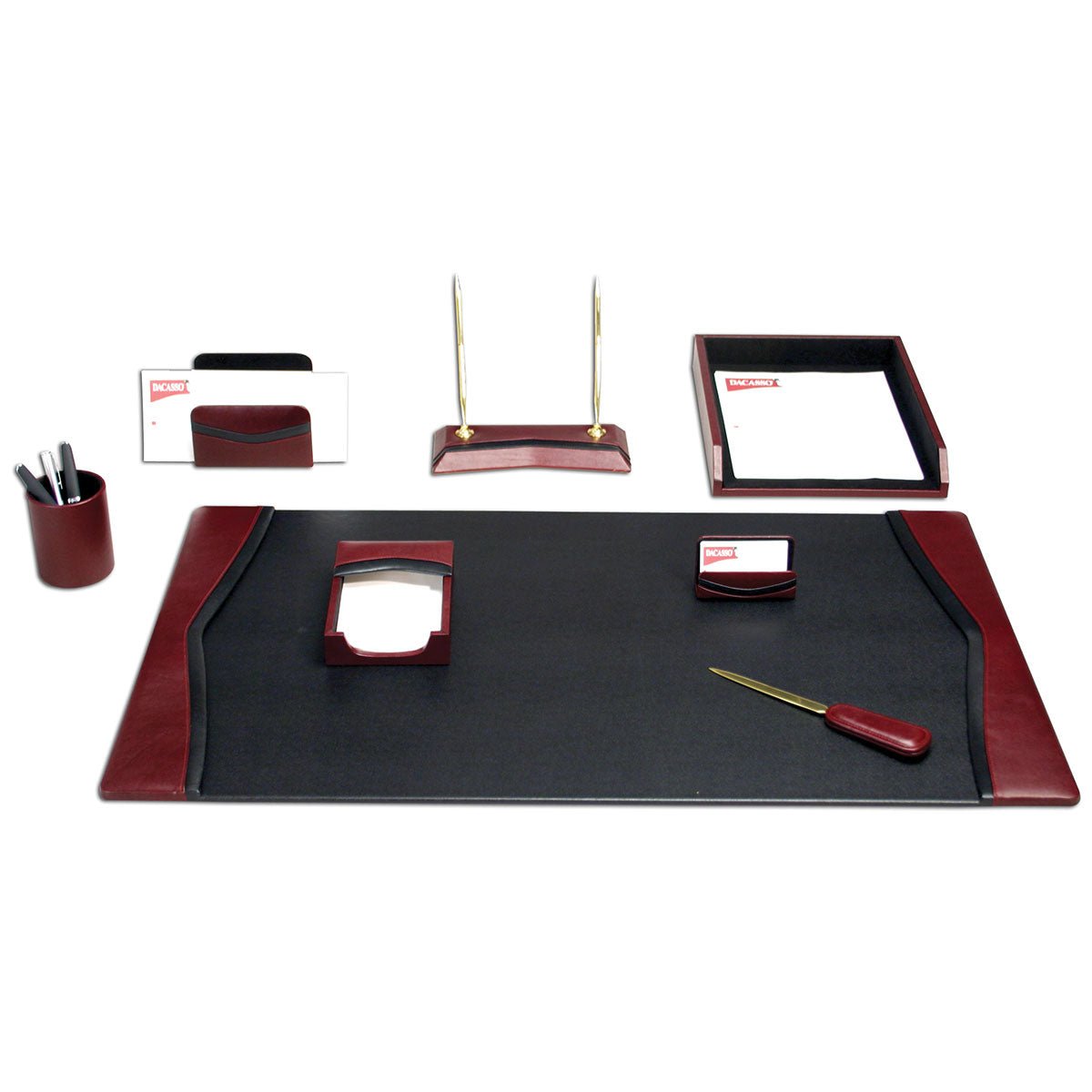Burgundy Leather with Black Trim Desk Set, 8pc