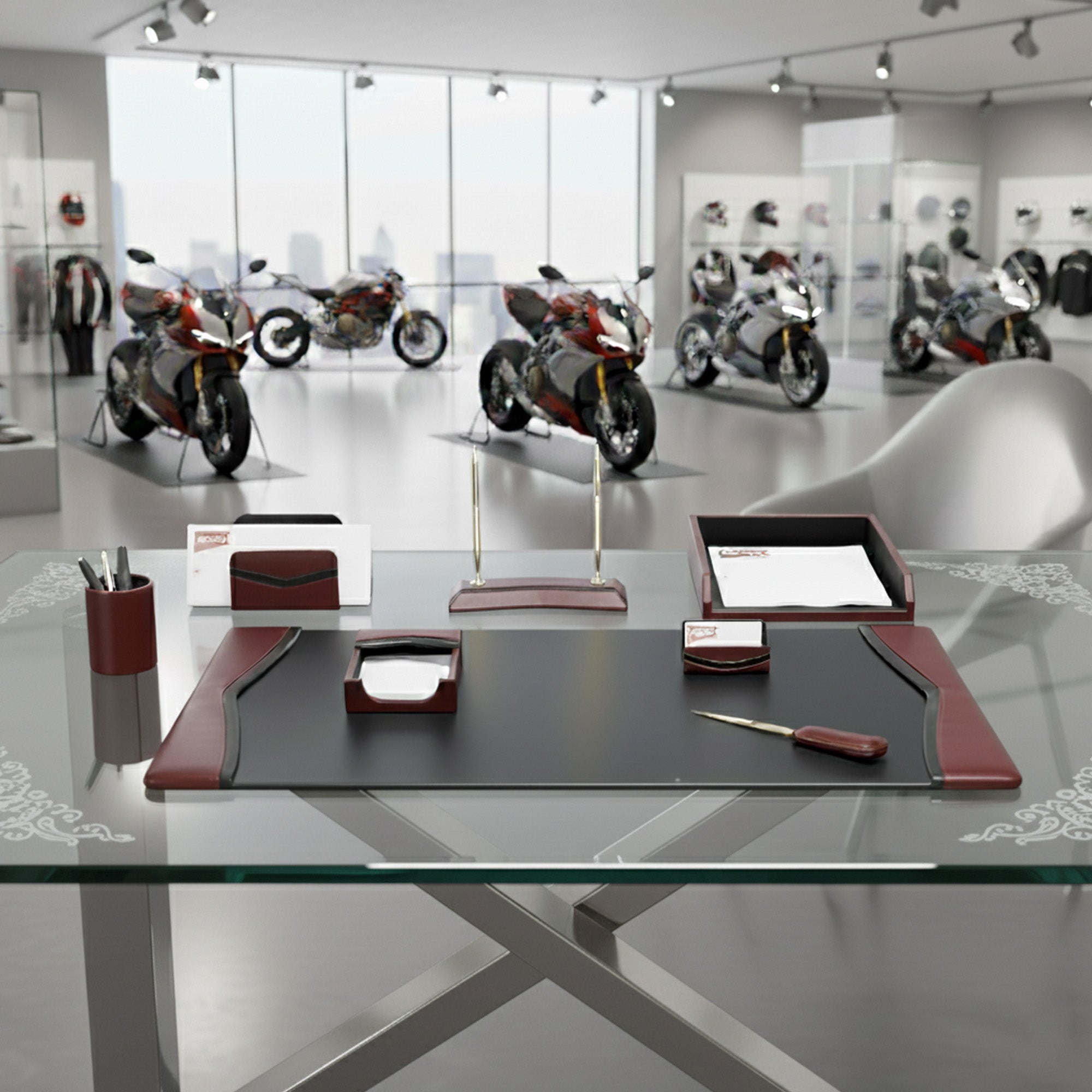 Burgundy Leather with Black Trim Desk Set, 8pc