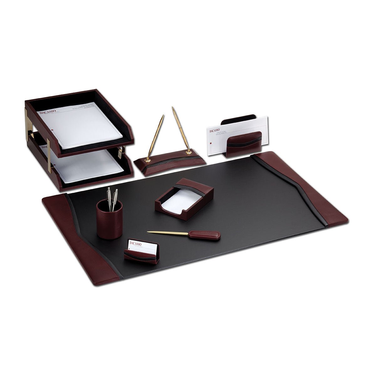Burgundy Leather with Black Trim Desk Set, 10pc