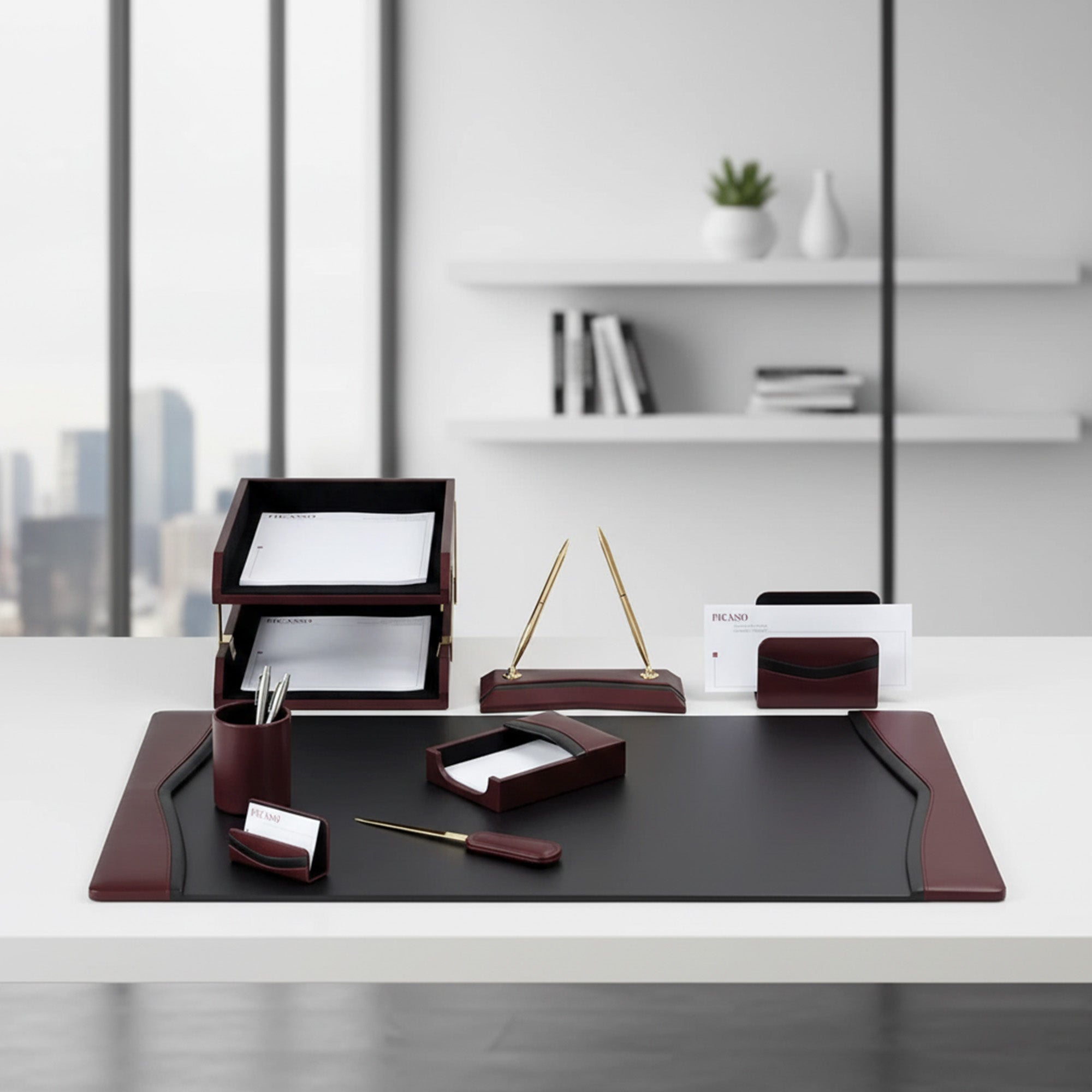 Burgundy Leather with Black Trim Desk Set, 10pc