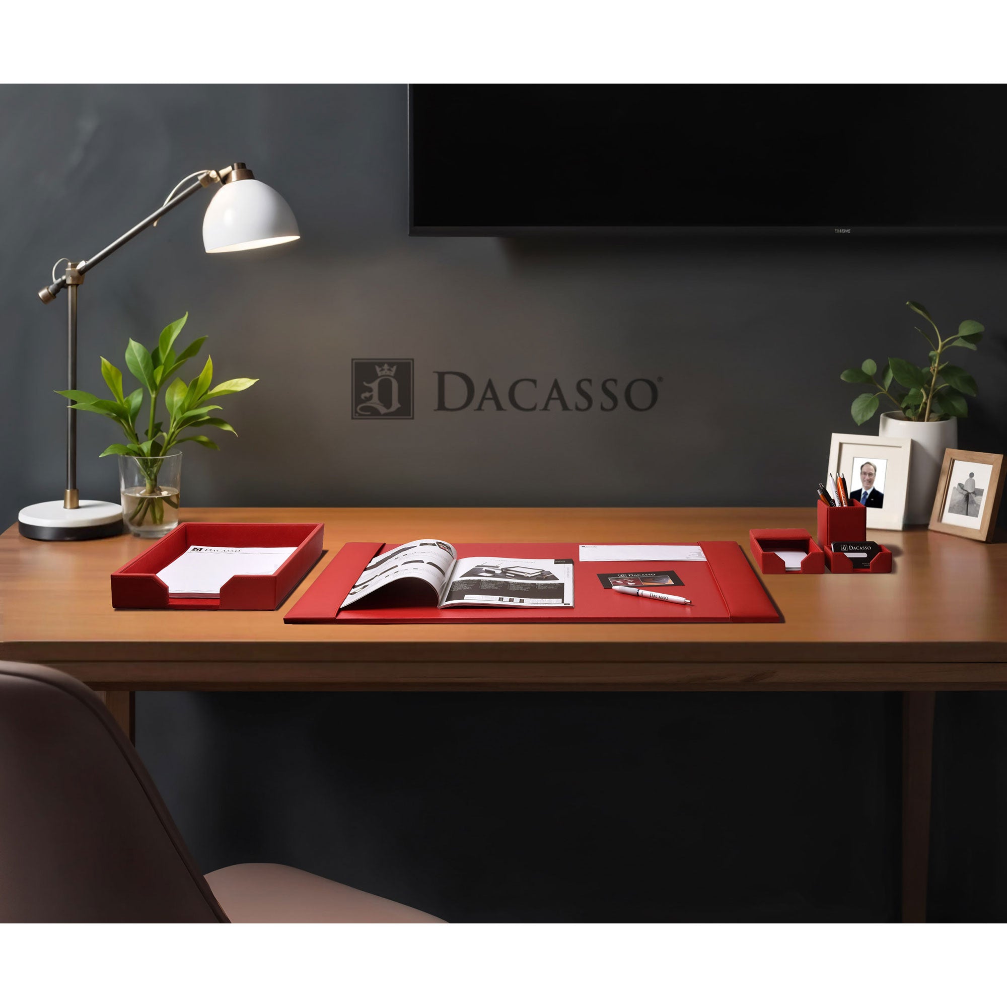 Red Bonded Leather 5-Piece Desk Set