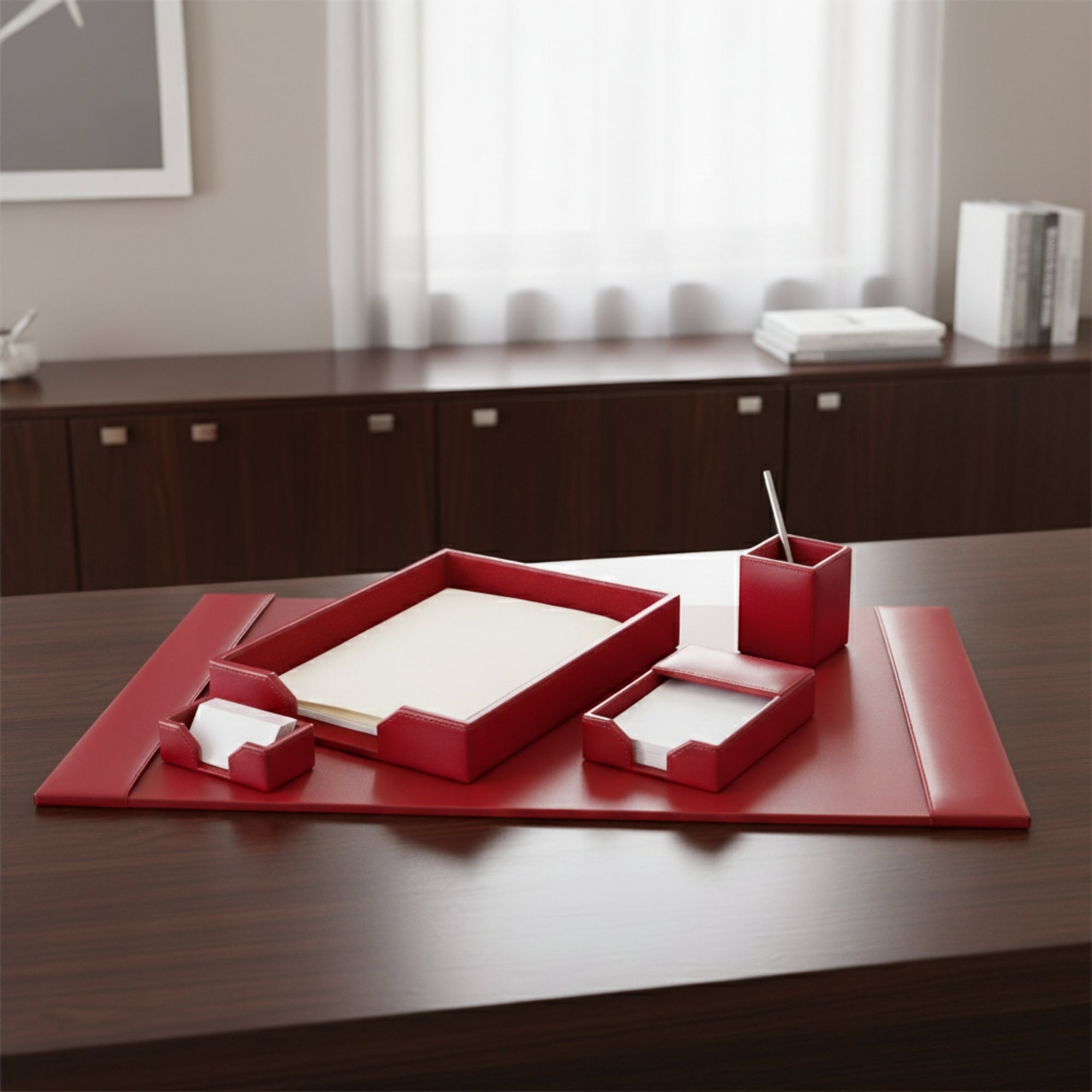 Red Bonded Leather 5-Piece Desk Set